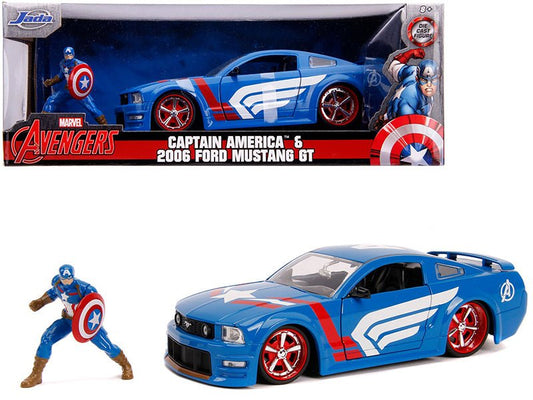 2006 Ford Mustang GT with Captain America Diecast Figurine "Avengers" "Marvel" Series 1/24 Diecast Model Car by Jada free shipping USA - Rapid Vehicles