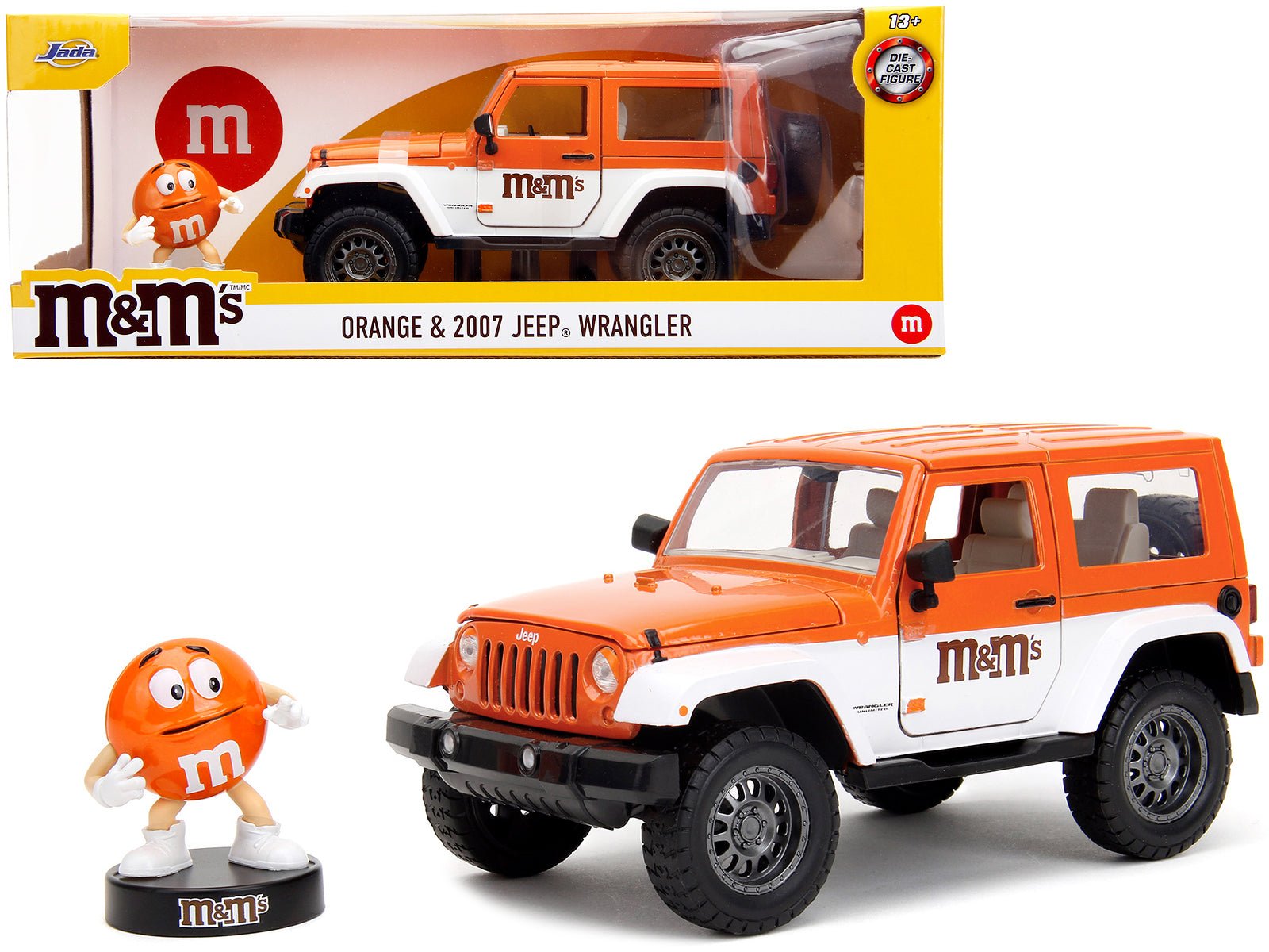 2007 Jeep Wrangler Orange Metallic and White and Orange M&M Diecast Figure "M&M's" "Hollywood Rides" Series 1/24 Diecast Model Car by Jada free shipping USA - Rapid Vehicles