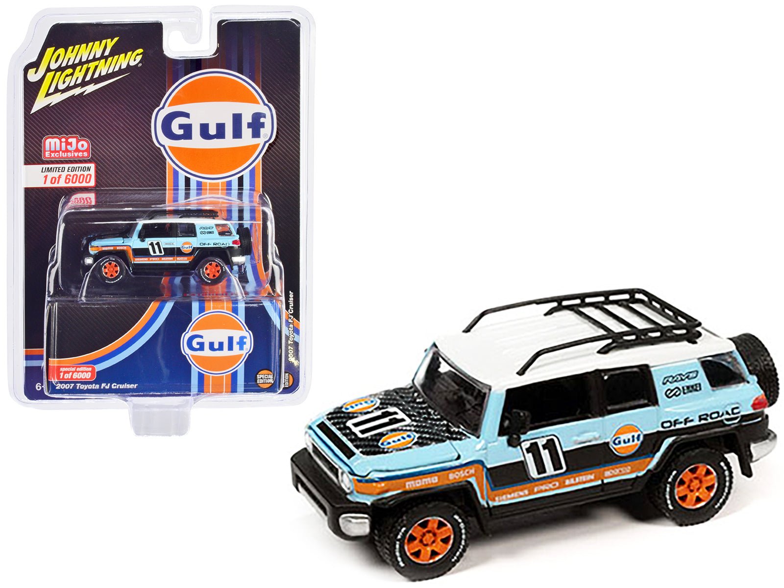 2007 Toyota FJ Cruiser 11 Light Blue "Gulf Oil" with Roofrack Limited Edition to 6000 pieces Worldwide 1/64 Diecast Model Car by Johnny Lightning free shipping USA - Rapid Vehicles