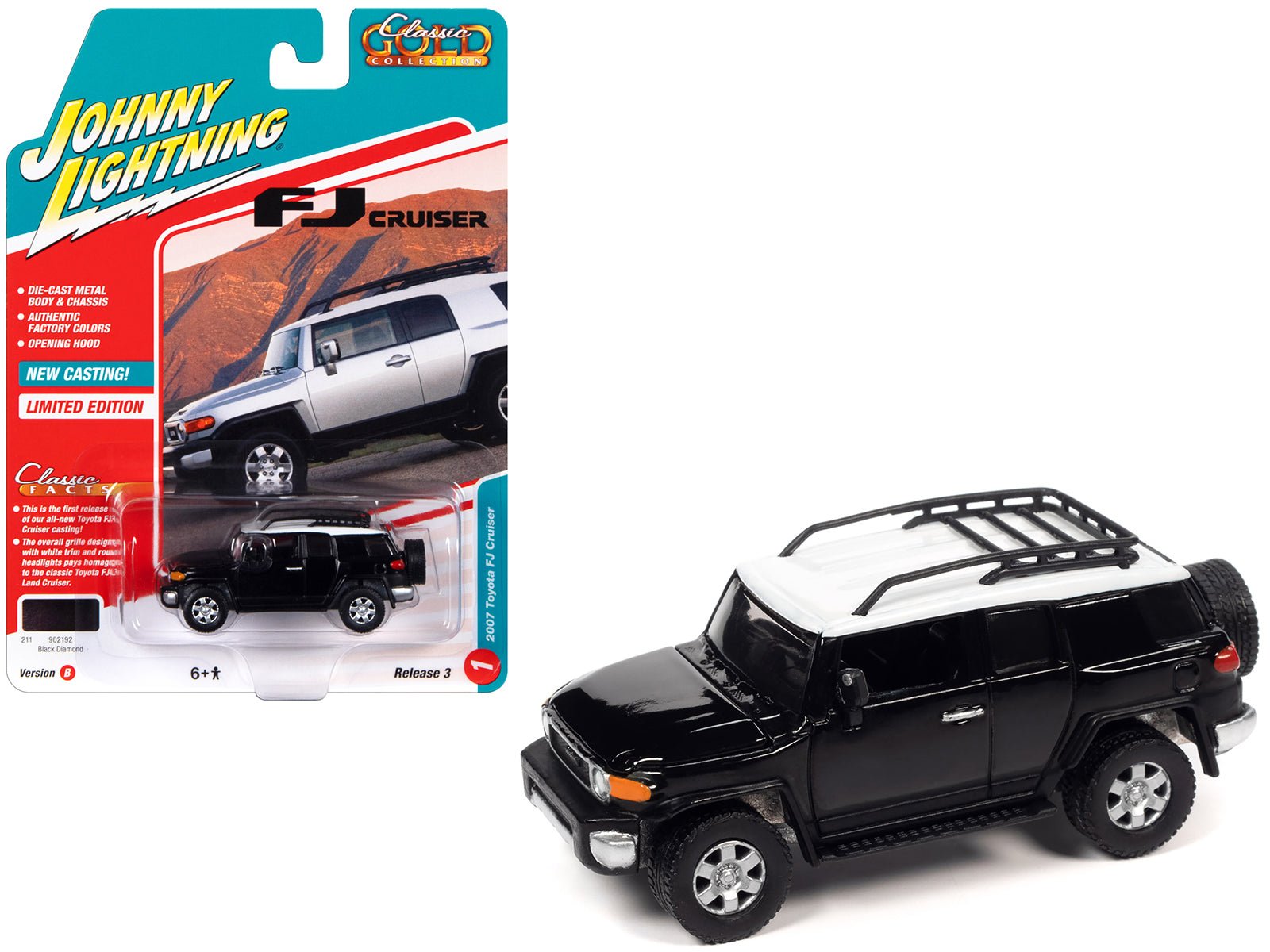 2007 Toyota FJ Cruiser Black Diamond with White Top and Roofrack "Classic Gold Collection" Series Limited Edition 1/64 Diecast Model Car by Johnny Lightning free shipping USA - Rapid Vehicles