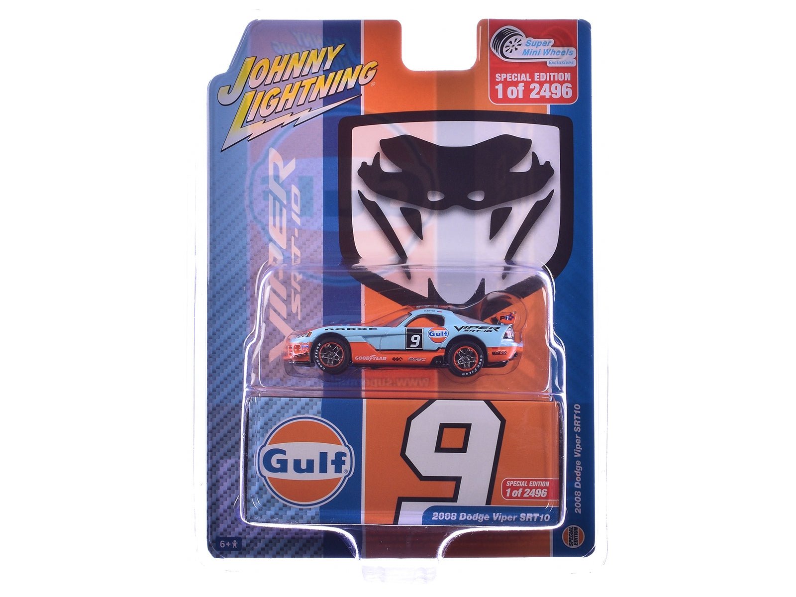 2008 Dodge Viper SRT10 9 "Gulf Oil" Light Blue and Orange Limited Edition to 2496 pieces Worldwide 1/64 Diecast Model Car by Johnny Lightning - Rapid Vehicles