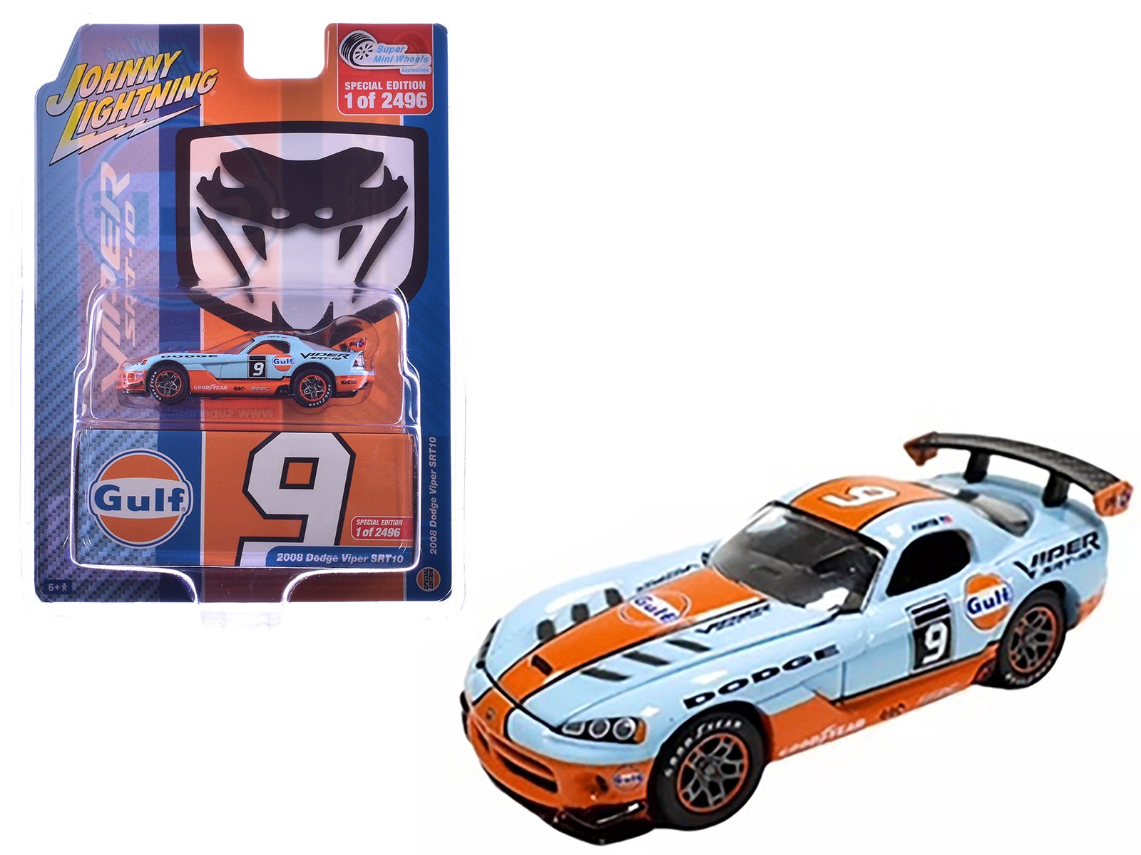 2008 Dodge Viper SRT10 9 "Gulf Oil" Light Blue and Orange Limited Edition to 2496 pieces Worldwide 1/64 Diecast Model Car by Johnny Lightning free shipping USA - Rapid Vehicles