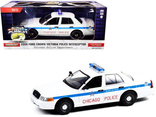 2008 Ford Crown Victoria Police Interceptor "CAPS" White with Blue Stripes "Chicago Police Department" "Hot Pursuit" Series 1/24 Diecast Model Car by Greenlight free shipping USA - Rapid Vehicles