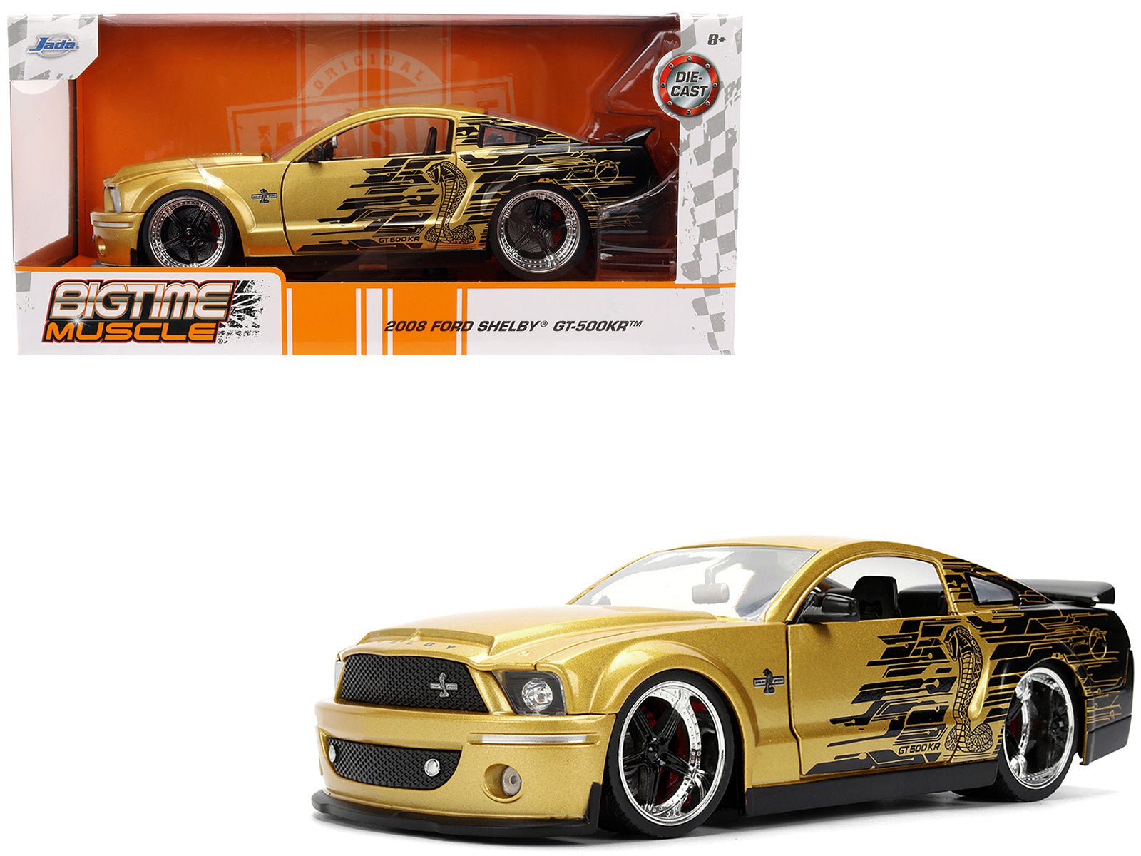 2008 Ford Shelby Mustang GT - 500KR Gold Metallic and Black with Graphics "Bigtime Muscle" Series 1/24 Diecast Model Car by Jada free shipping USA - Rapid Vehicles