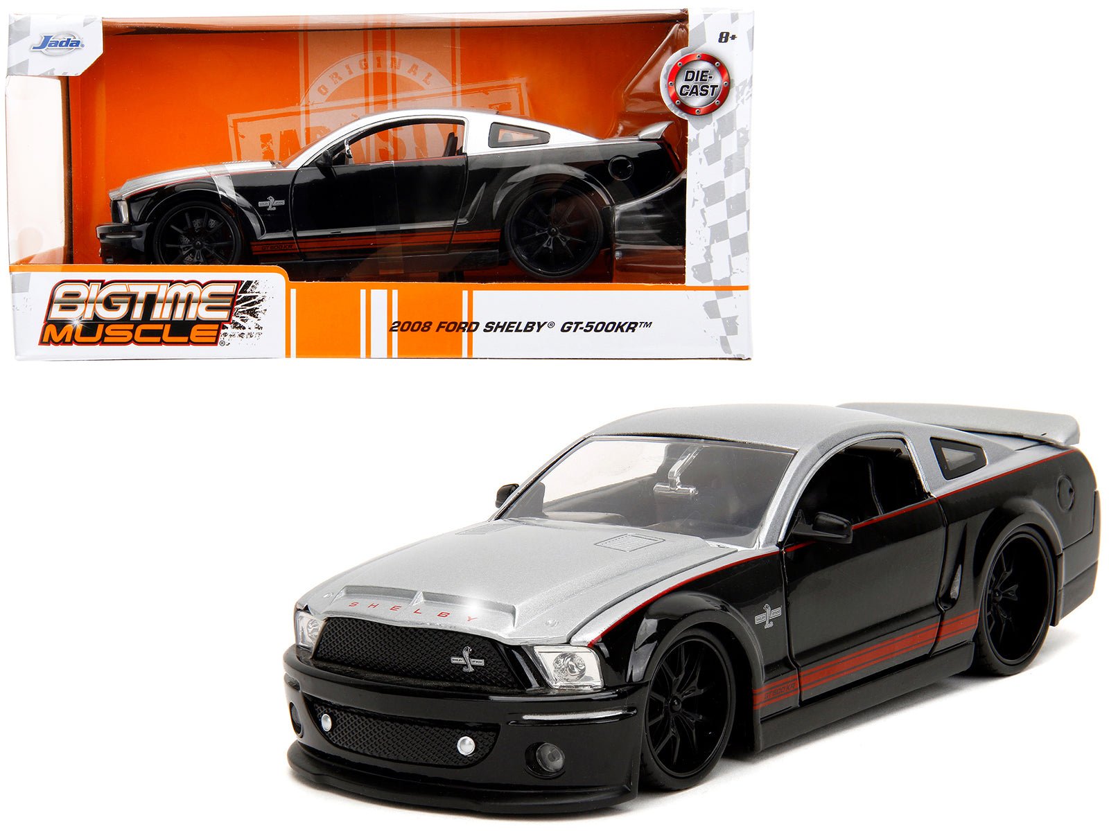 2008 Ford Shelby Mustang GT - 500KR Silver and Black with Red Stripes "Bigtime Muscle" Series 1/24 Diecast Model Car by Jada free shipping USA - Rapid Vehicles