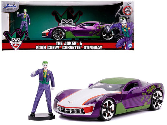2009 Chevrolet Corvette Stingray with Joker Diecast Figurine "DC Comics" Series 1/24 Diecast Model Car by Jada free shipping USA - Rapid Vehicles
