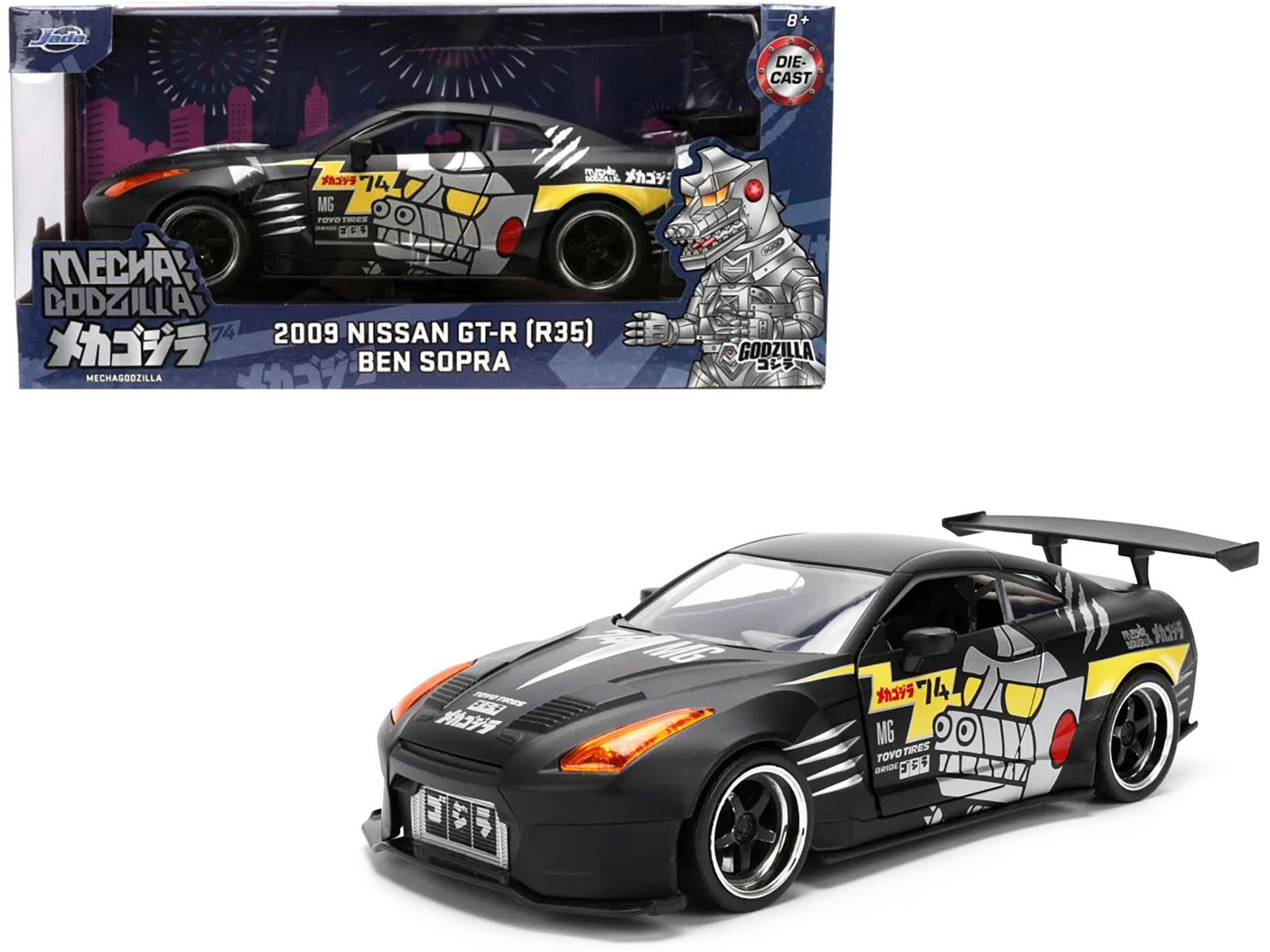 2009 Nissan GT - R (R35) Ben Sopra Matt Black with "Mechagodzilla" Graphics "Hollywood Rides" Series 1/24 Diecast Model Car by Jada free shipping USA - Rapid Vehicles