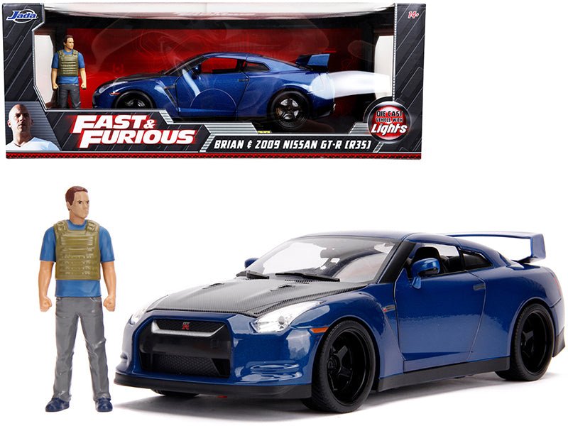 2009 Nissan GT-R (R35) Blue Metallic and Carbon with Lights and Brian Figurine "Fast & Furious" Movie 1/18 Diecast Model Car by Jada free shipping USA - Rapid Vehicles