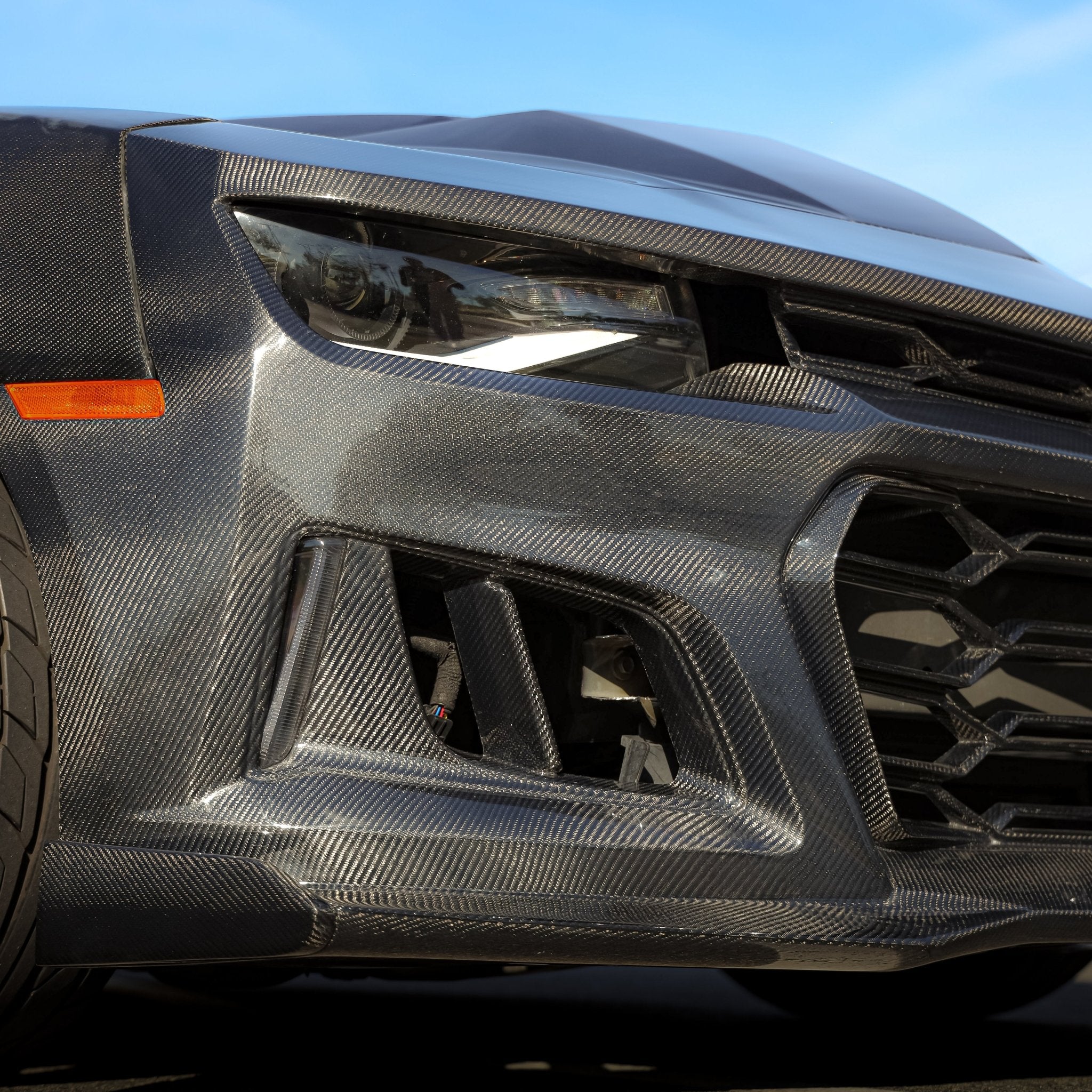 2010-2015 Chevy Camaro Black Panther 1PC Full Gloss Carbon Fiber Track Package Front Bumper Conversion - Rapid Vehicles