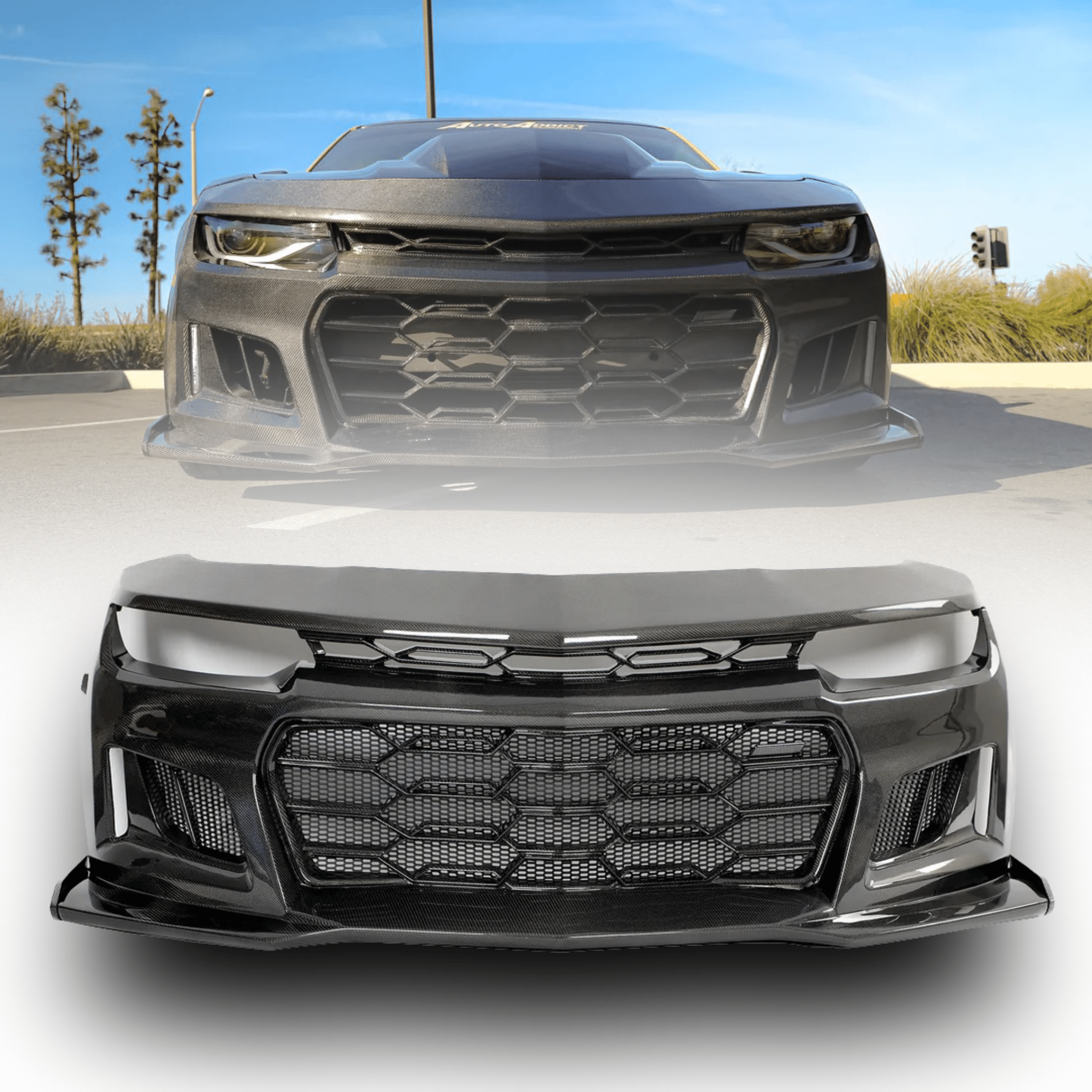 2010-2015 Chevy Camaro Black Panther 1PC Full Gloss Carbon Fiber Track Package Front Bumper Conversion - Rapid Vehicles