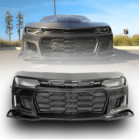 2010-2015 Chevy Camaro Black Panther 1PC Full Gloss Carbon Fiber Track Package Front Bumper Conversion - Rapid Vehicles