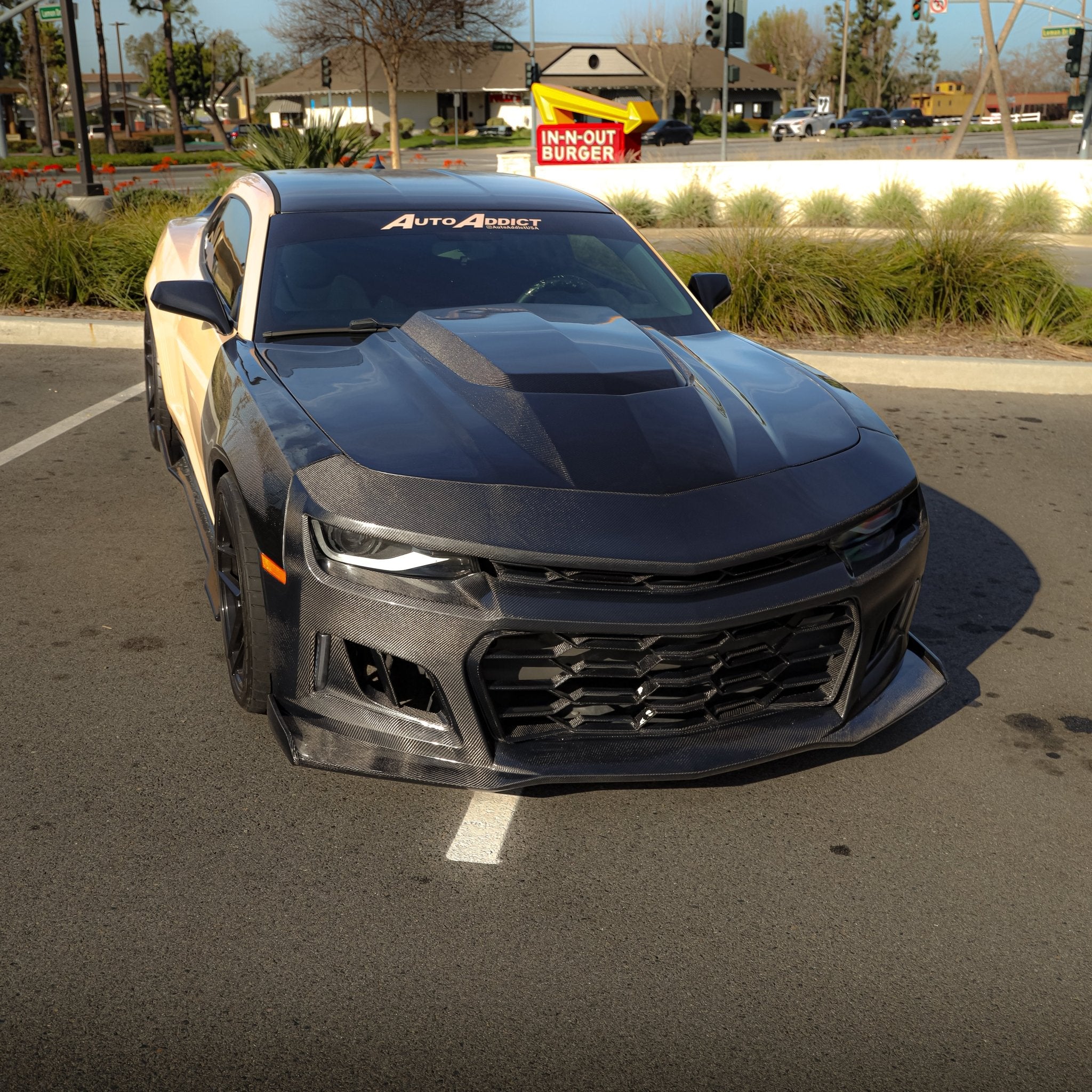 2010-2015 Chevy Camaro Black Panther 1PC Full Gloss Carbon Fiber Track Package Front Bumper Conversion - Rapid Vehicles