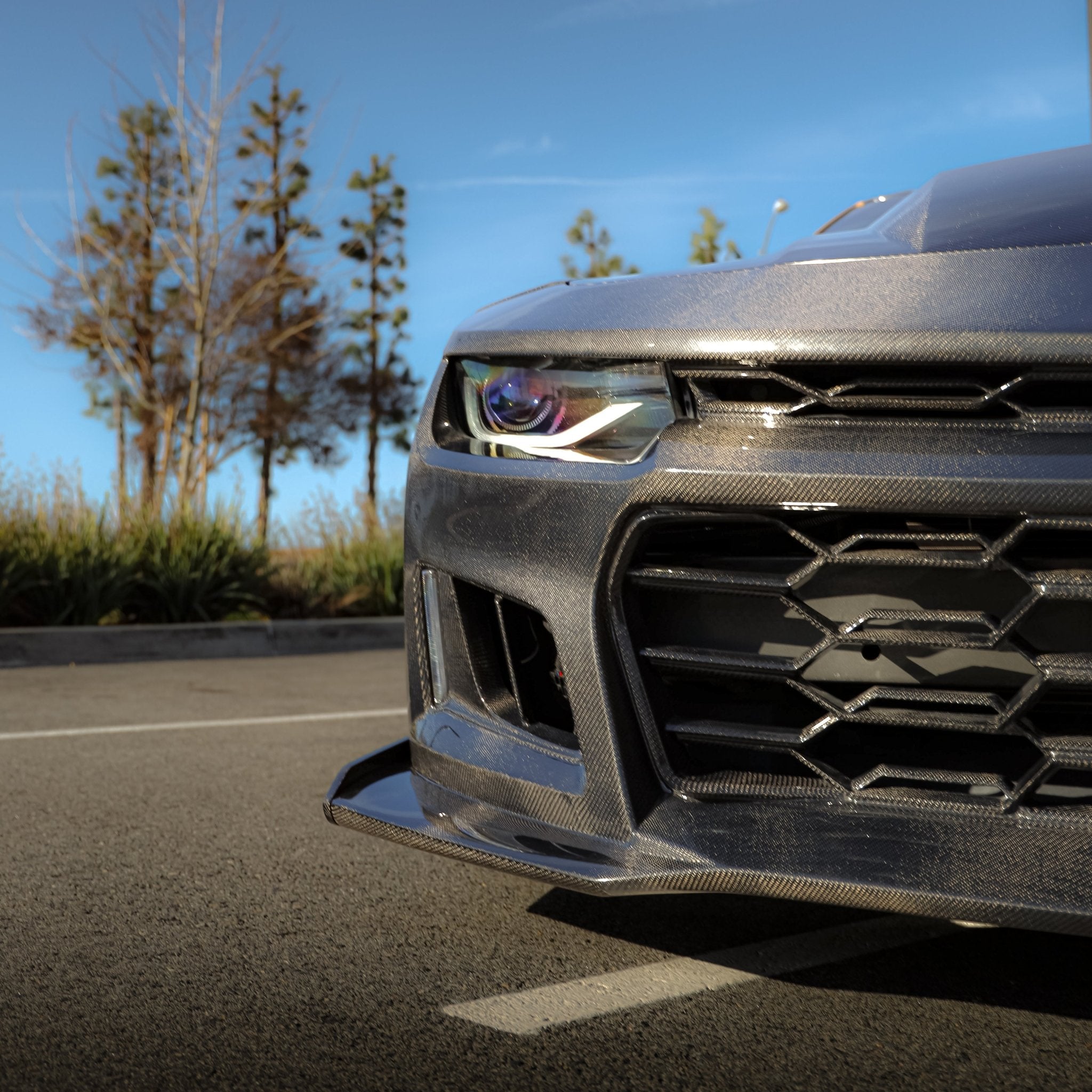 2010-2015 Chevy Camaro Black Panther 1PC Full Gloss Carbon Fiber Track Package Front Bumper Conversion - Rapid Vehicles