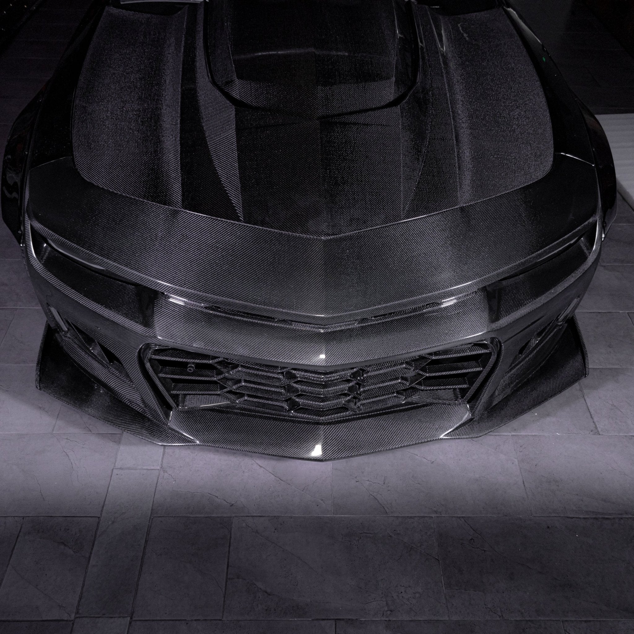 2010-2015 Chevy Camaro Black Panther 1PC Full Gloss Carbon Fiber Track Package Front Bumper Conversion - Rapid Vehicles