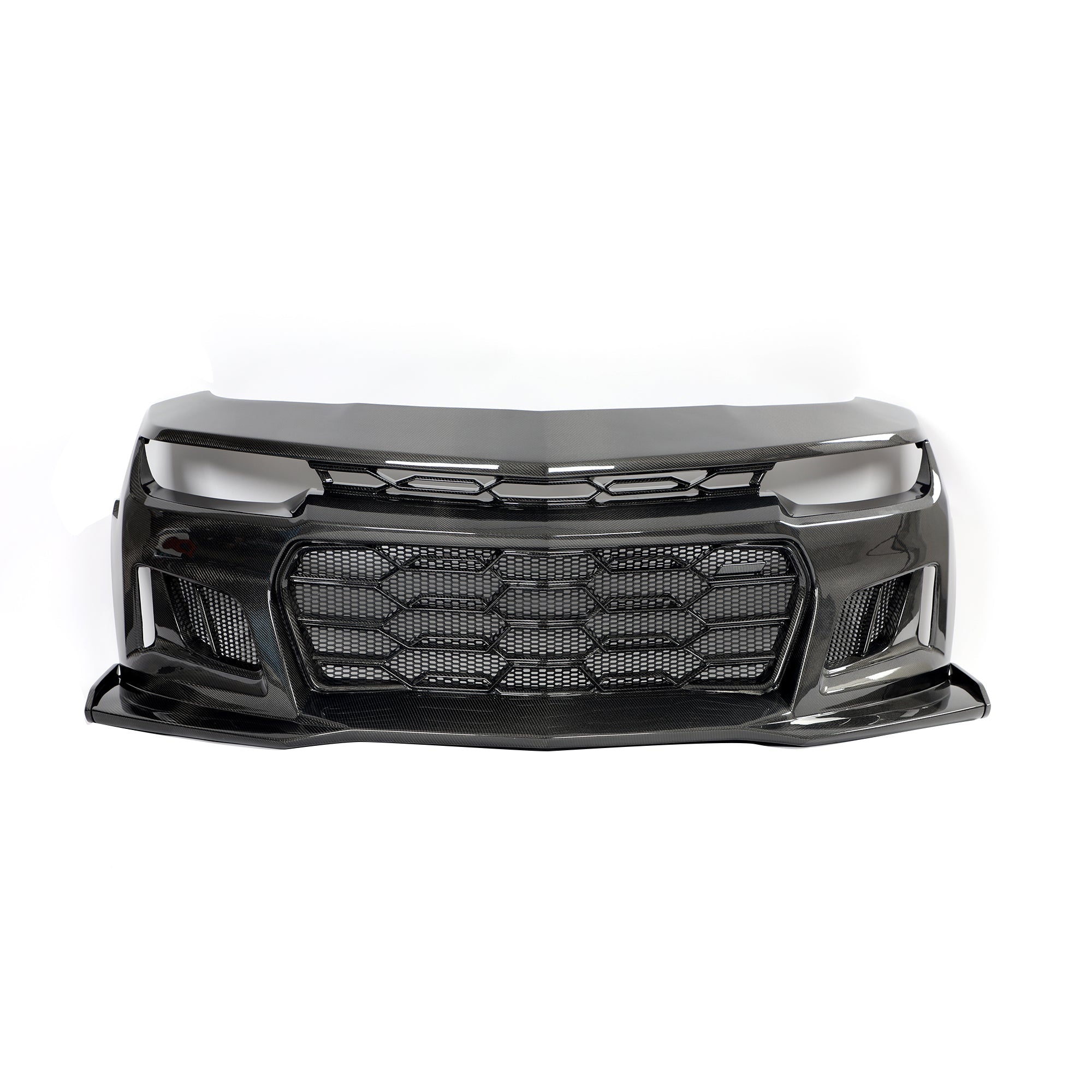 2010-2015 Chevy Camaro Black Panther 1PC Full Gloss Carbon Fiber Track Package Front Bumper Conversion - Rapid Vehicles