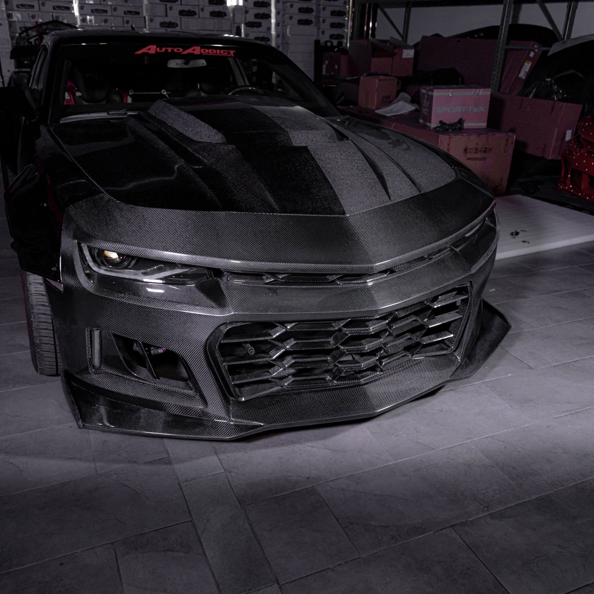 2010-2015 Chevy Camaro Black Panther 1PC Full Gloss Carbon Fiber Track Package Front Bumper Conversion - Rapid Vehicles