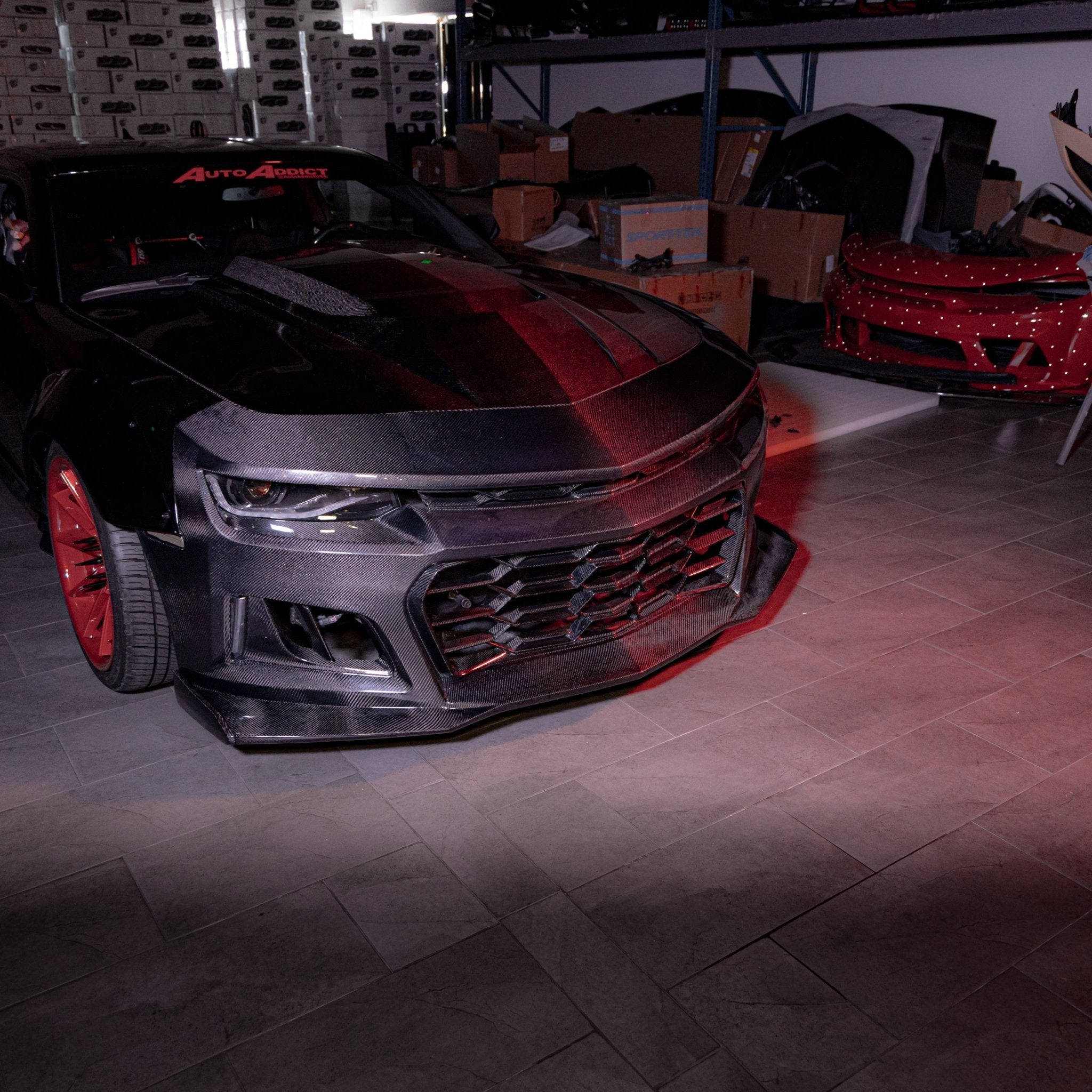 2010-2015 Chevy Camaro Black Panther 1PC Full Gloss Carbon Fiber Track Package Front Bumper Conversion - Rapid Vehicles