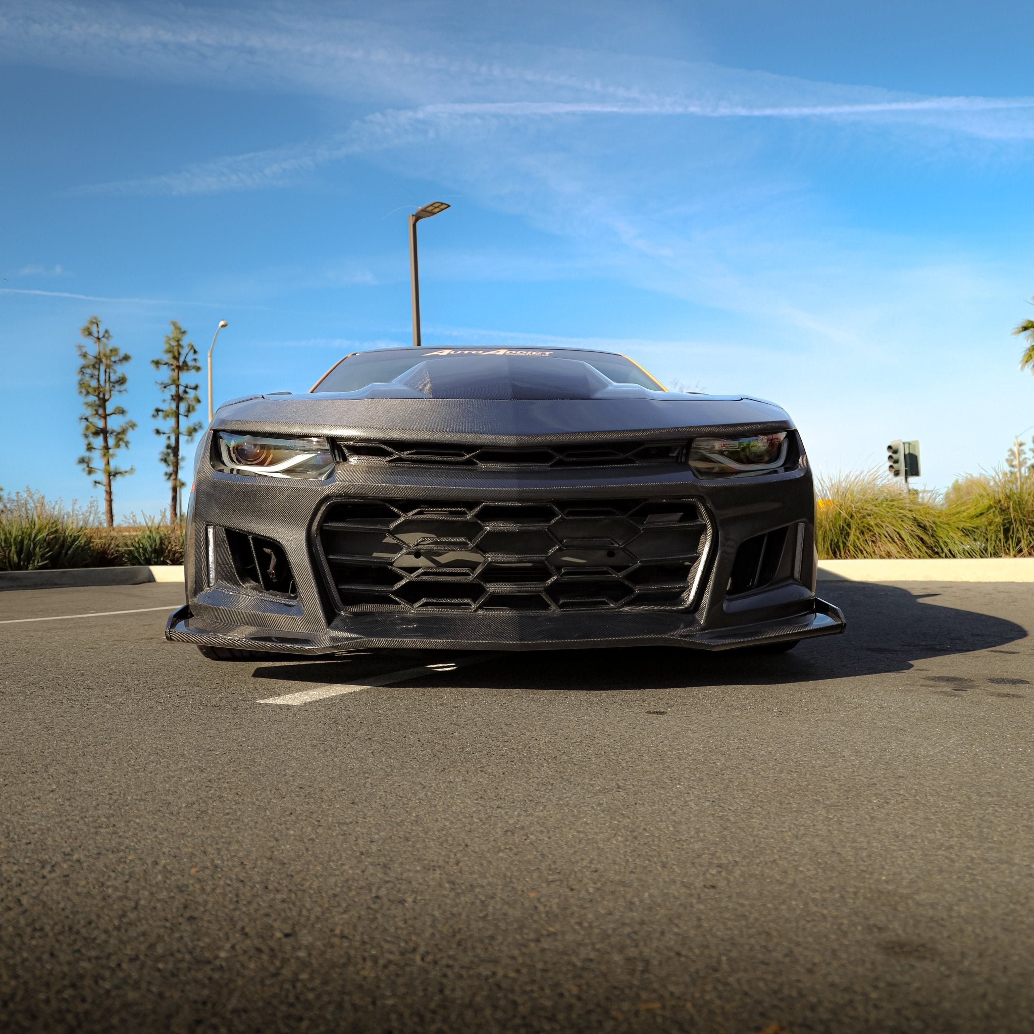 2010-2015 Chevy Camaro Black Panther 1PC Full Gloss Carbon Fiber Track Package Front Bumper Conversion - Rapid Vehicles
