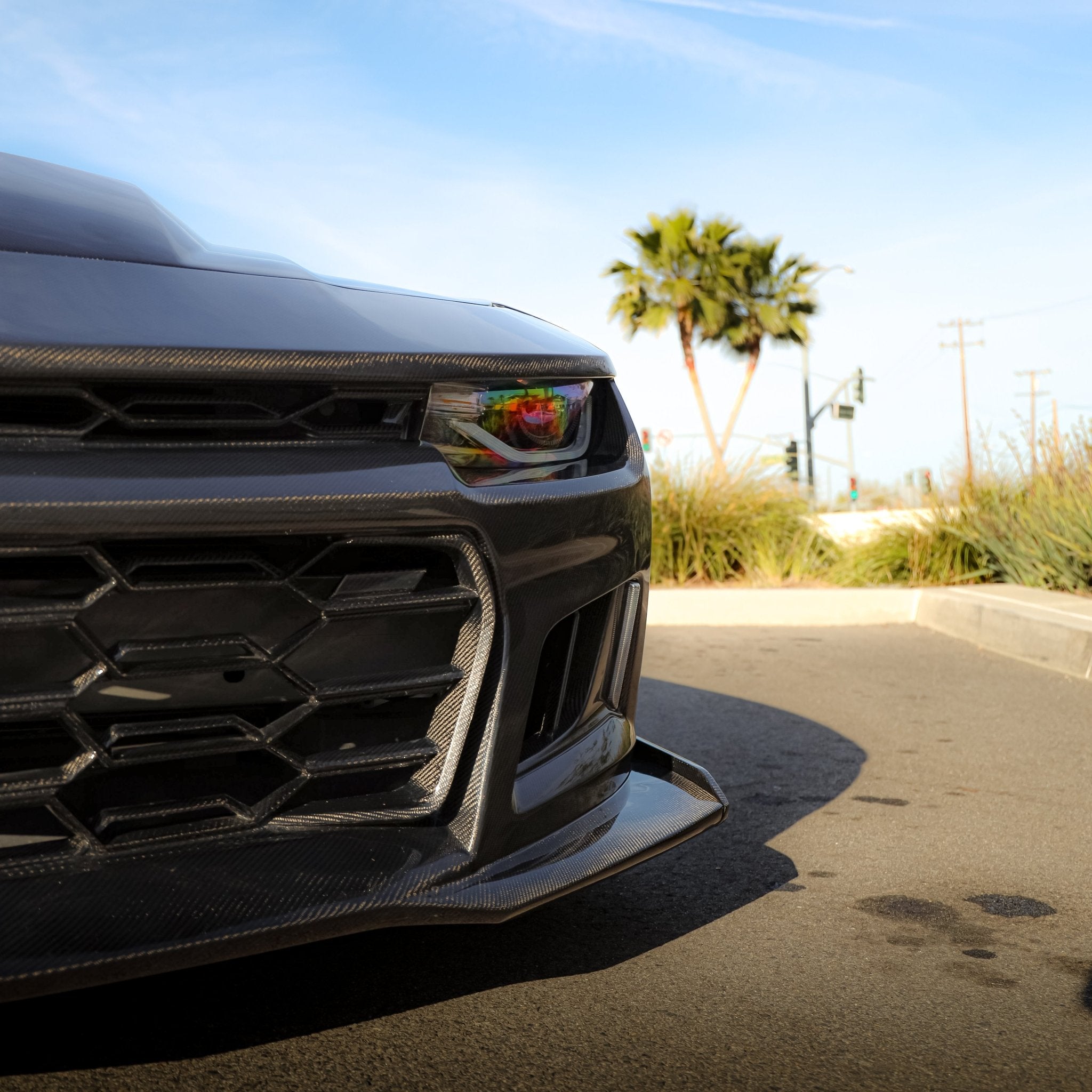 2010-2015 Chevy Camaro Black Panther 1PC Full Gloss Carbon Fiber Track Package Front Bumper Conversion - Rapid Vehicles