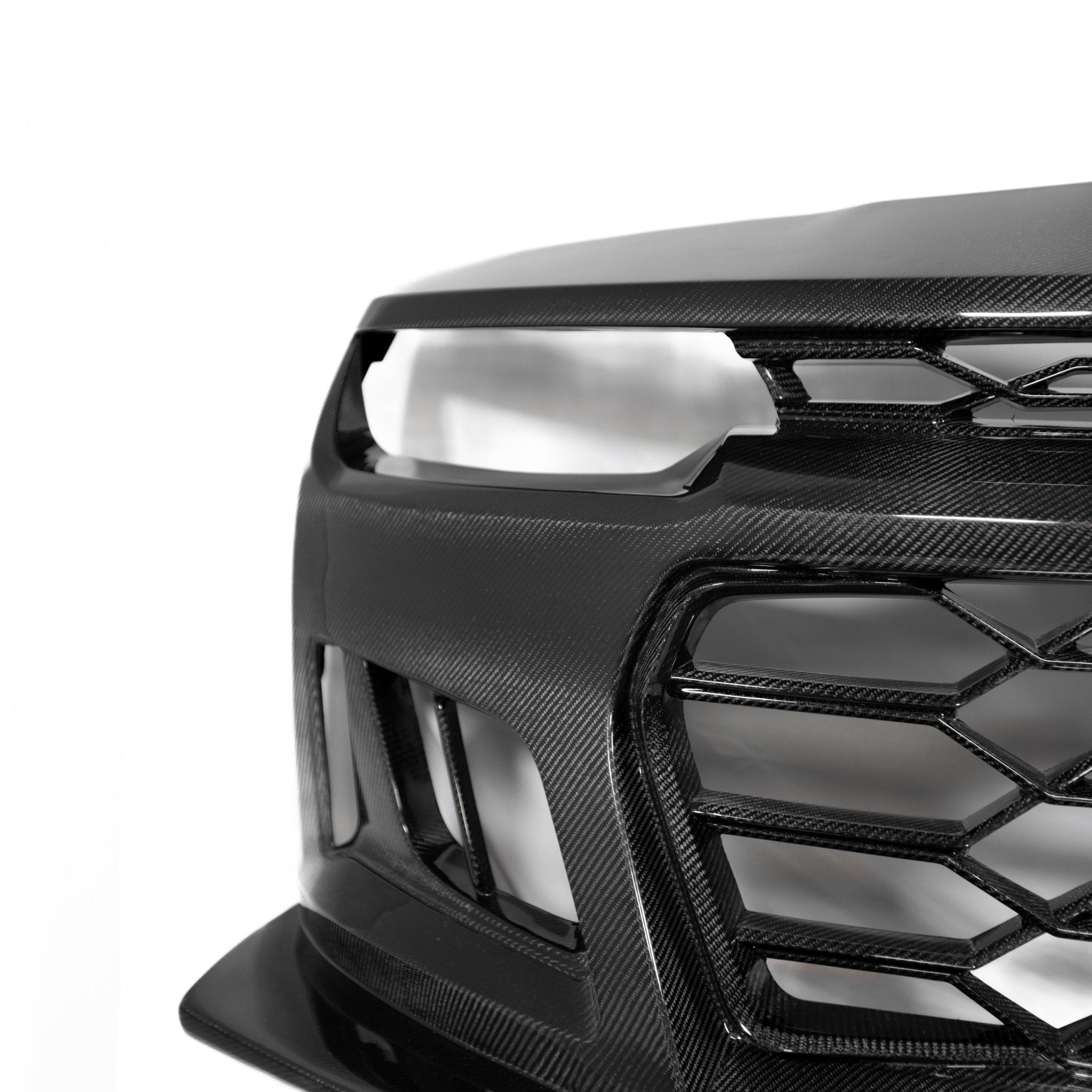 2010-2015 Chevy Camaro Black Panther 1PC Full Gloss Carbon Fiber Track Package Front Bumper Conversion - Rapid Vehicles