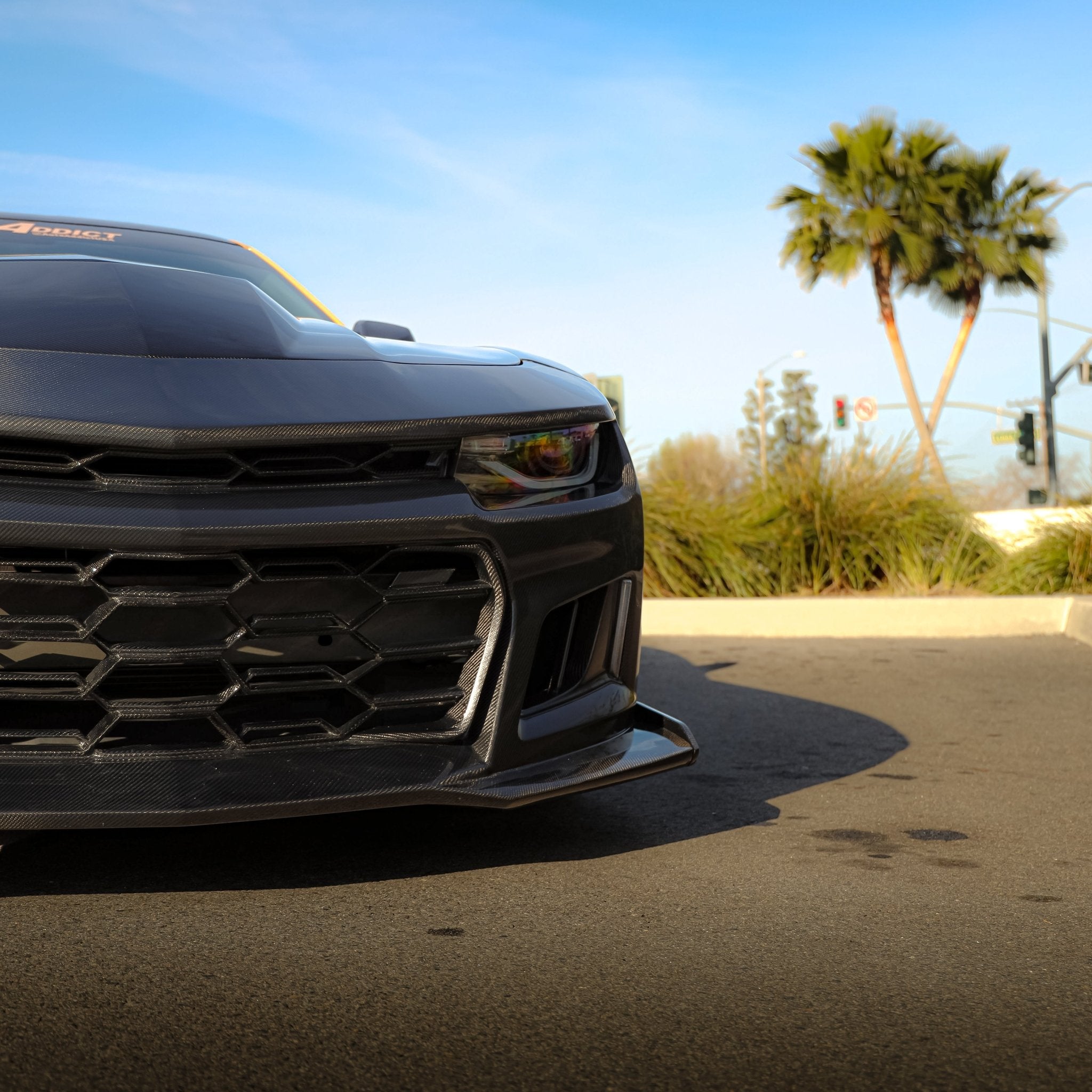2010-2015 Chevy Camaro Black Panther 1PC Full Gloss Carbon Fiber Track Package Front Bumper Conversion - Rapid Vehicles