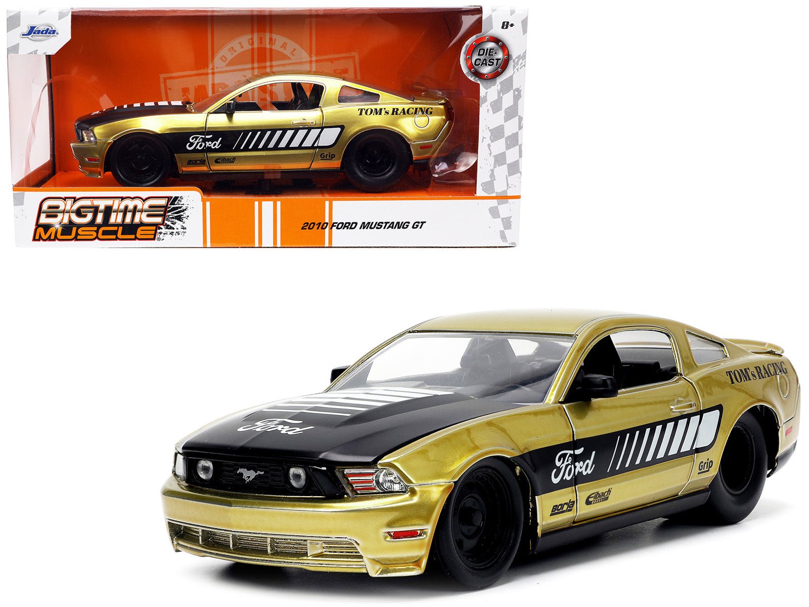 2010 Ford Mustang GT Gold Metallic with Black Graphics and Hood "Tom's Racing" "Bigtime Muscle" Series 1/24 Diecast Model Car by Jada free shipping USA - Rapid Vehicles