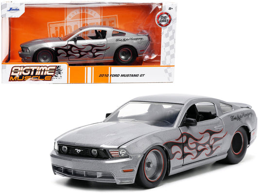 2010 Ford Mustang GT Gray Metallic with Flames "Ford Motor Company" "Bigtime Muscle" Series 1/24 Diecast Model Car by Jada free shipping USA - Rapid Vehicles