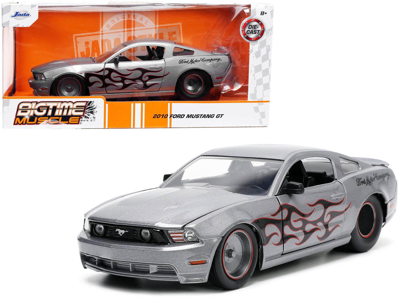 2010 Ford Mustang GT Gray Metallic with Flames "Ford Motor Company" "Bigtime Muscle" Series 1/24 Diecast Model Car by Jada free shipping USA - Rapid Vehicles