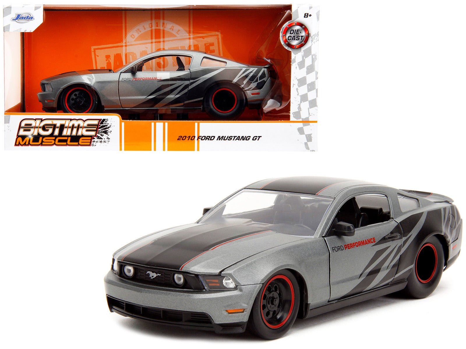 2010 Ford Mustang GT Matt Gray Metallic with Black Graphics and Stripes "Ford Performance" "Bigtime Muscle" Series 1/24 Diecast Model Car by Jada free shipping USA - Rapid Vehicles