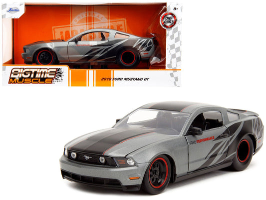 2010 Ford Mustang GT Matt Gray Metallic with Black Graphics and Stripes "Ford Performance" "Bigtime Muscle" Series 1/24 Diecast Model Car by Jada free shipping USA - Rapid Vehicles