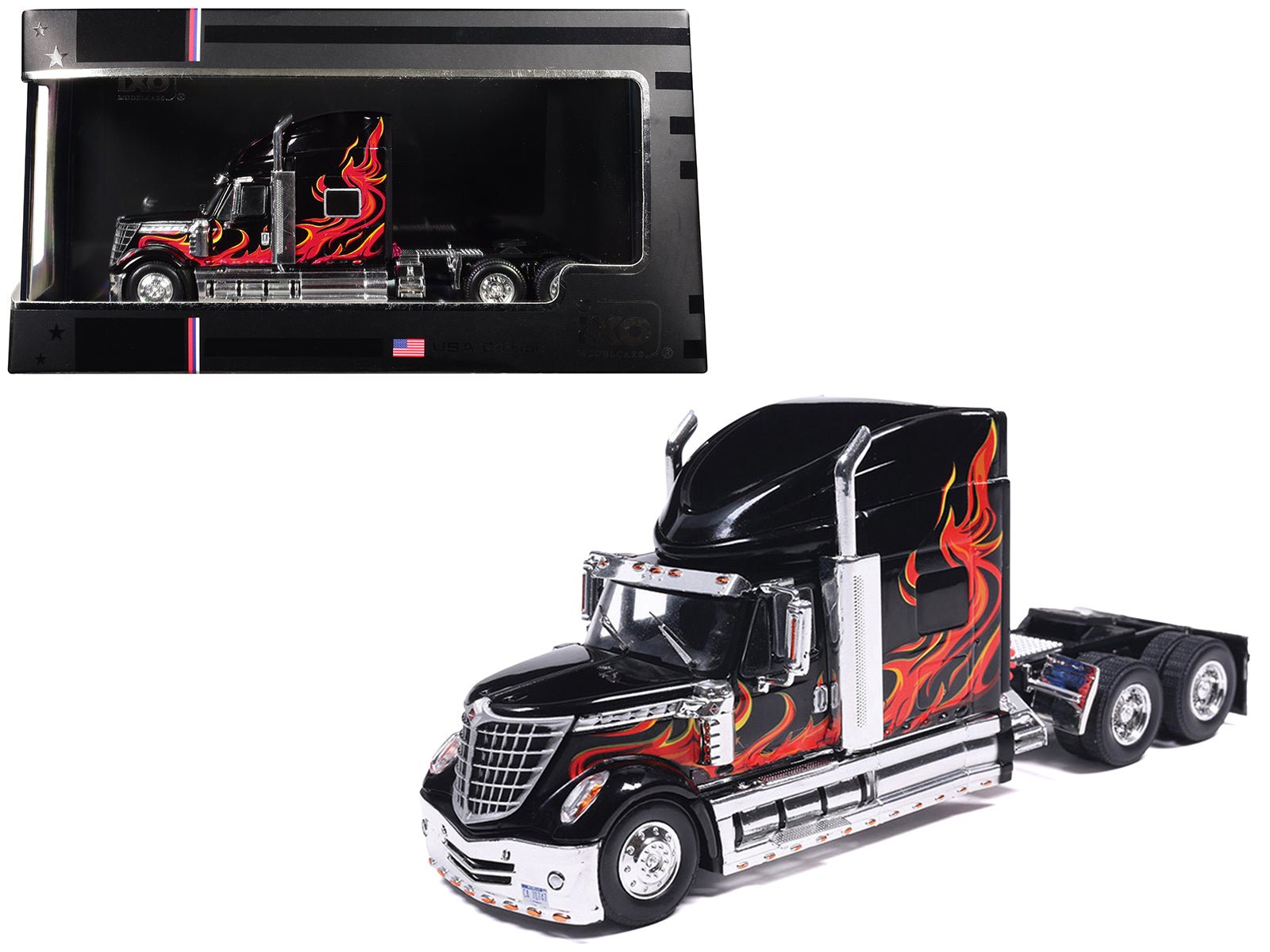 2010 International Lonestar Truck Tractor Black with Flame Graphics 1/64 Diecast Model by IXO Models free shipping USA - Rapid Vehicles