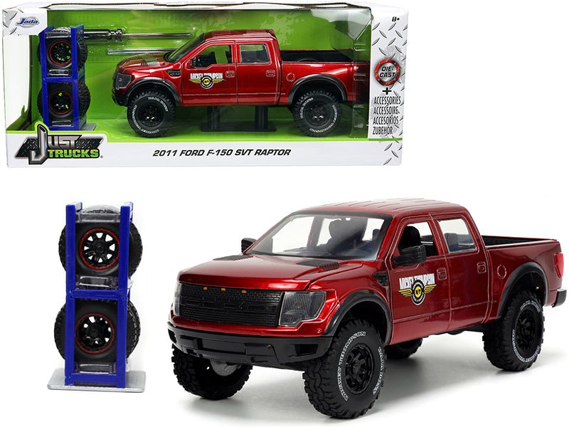 2011 Ford F-150 SVT Raptor Pickup Truck Candy Red Metallic "Mickey Thompson Tires & Wheels" with Extra Wheels "Just Trucks" Series 1/24 Diecast Model Car by Jada free shipping USA - Rapid Vehicles
