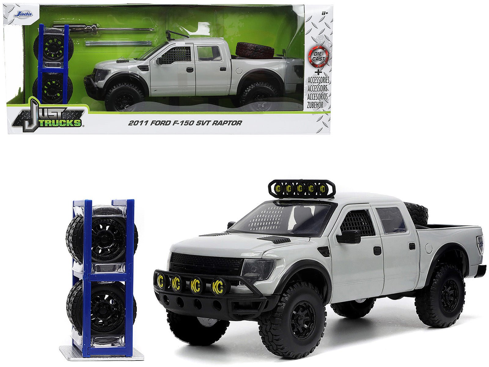 2011 Ford F - 150 SVT Raptor Pickup Truck Light Gray with Extra Wheels "Just Trucks" Series 1/24 Diecast Model Car by Jada free shipping USA - Rapid Vehicles