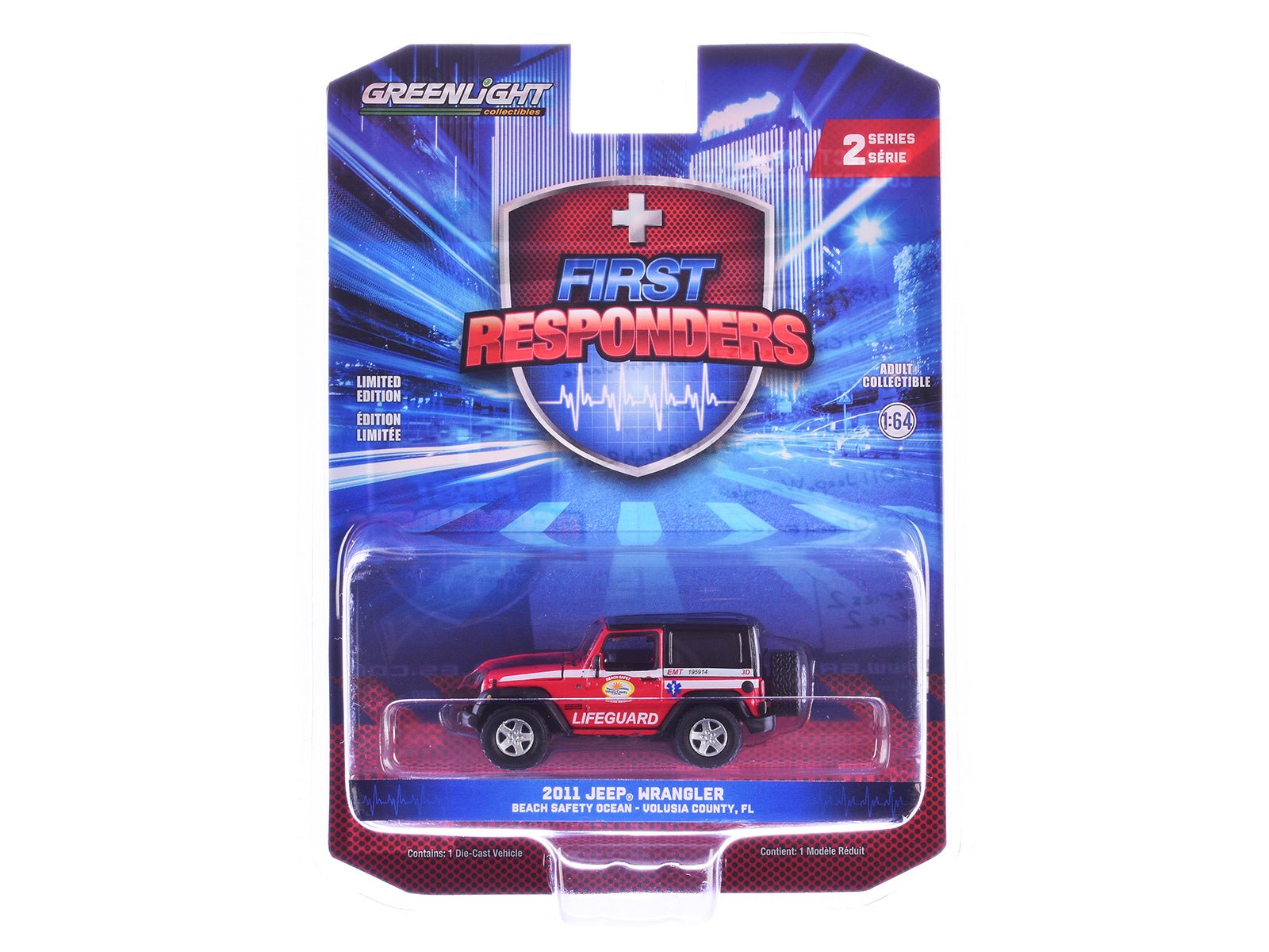 2011 Jeep Wrangler "Volusia County Florida Beach Safety Ocean Rescue Lifeguard/EMT" Red with White Stripes "First Responders" Series 2 1/64 Diecast Model Car by Greenlight free shipping USA - Rapid Vehicles