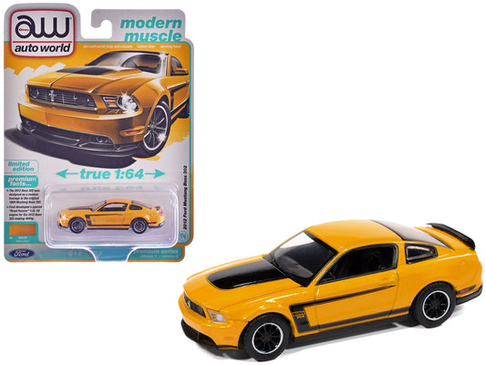 2012 Ford Mustang Boss 302 Yellow Blaze with Black Accents "Modern Muscle" Series 1/64 Diecast Model Car by Auto World free shipping USA - Rapid Vehicles