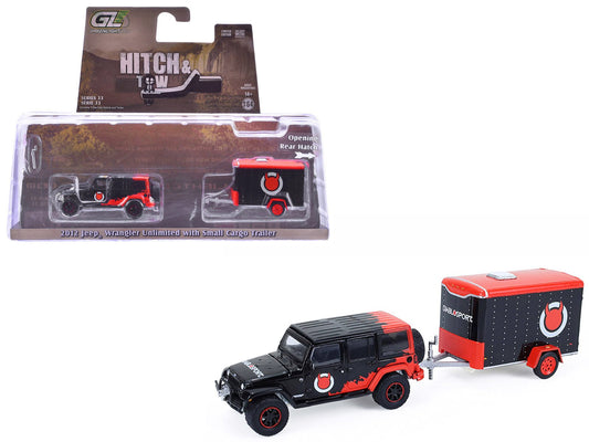 2012 Jeep Wrangler Unlimited "Diablo Sport" Black with Red Graphics and Small Cargo Trailer "Hitch & Tow" Series 33 1/64 Diecast Model Cars by Greenlight free shipping USA - Rapid Vehicles
