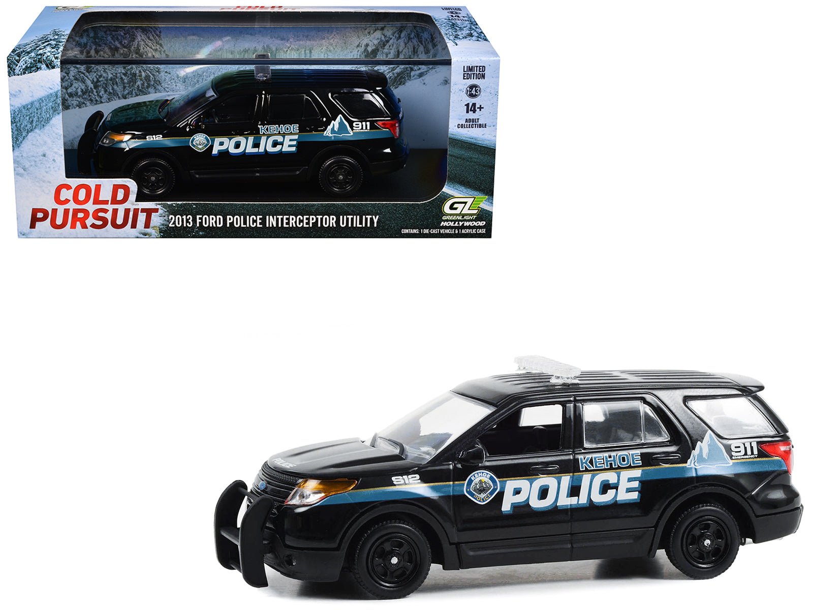 2013 Ford Police Interceptor Utility "Kehoe Police Department Kehoe Colorado" Black with White Stripes "Cold Pursuit" (2019) Movie 1/43 Diecast Model Car by Greenlight free shipping USA - Rapid Vehicles
