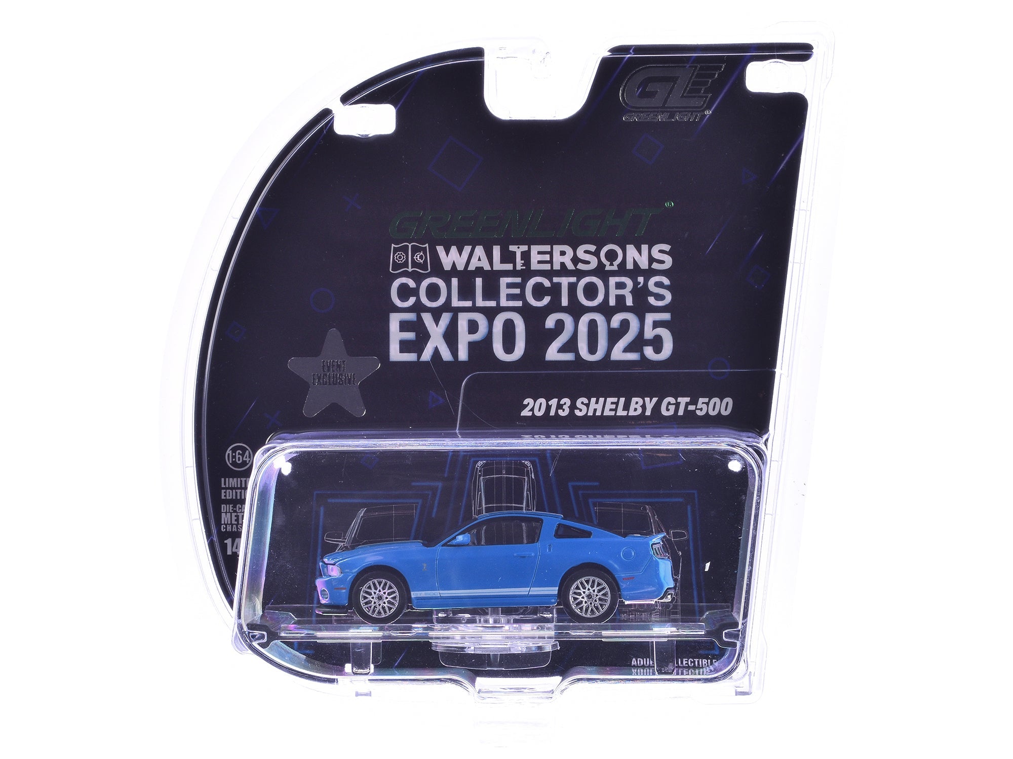 2013 Shelby GT-500 Blue with White Stripes "2025 Greenlight Waltersons Collector's Expo Exclusive" 1/64 Diecast Model Car by Greenlight free shipping USA - Rapid Vehicles