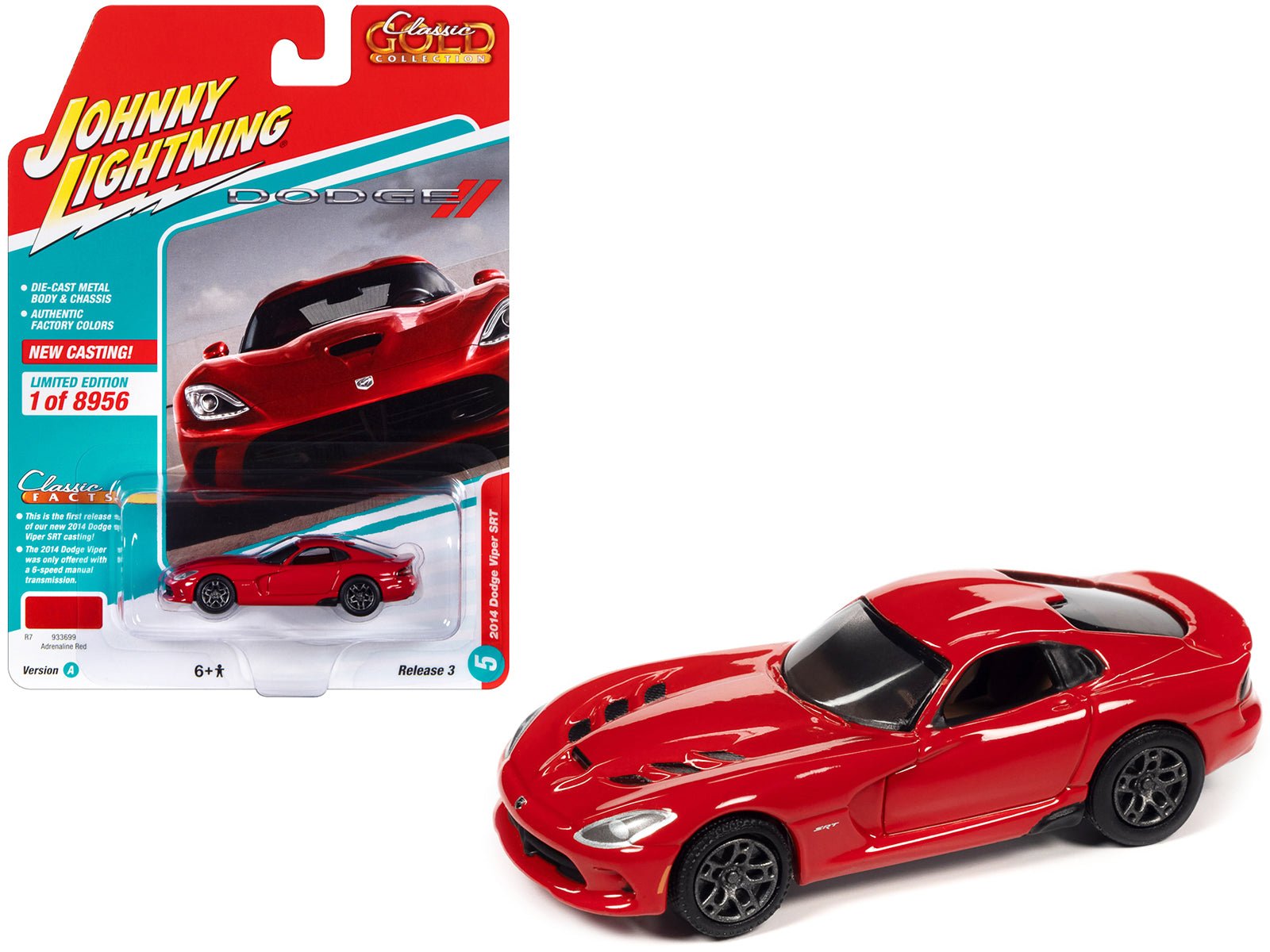 2014 Dodge Viper SRT Adrenaline Red "Classic Gold Collection" Series Limited Edition to 8956 pieces Worldwide 1/64 Diecast Model Car by Johnny Lightning free shipping USA - Rapid Vehicles
