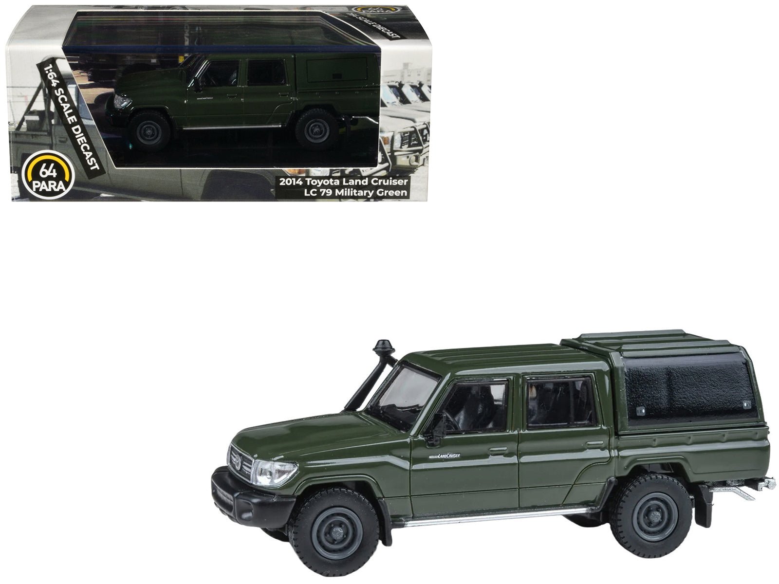 2014 Toyota Land Cruiser LC 79 with Camper Shell Military Green 1/64 Diecast Model Car by Paragon Models free shipping USA - Rapid Vehicles