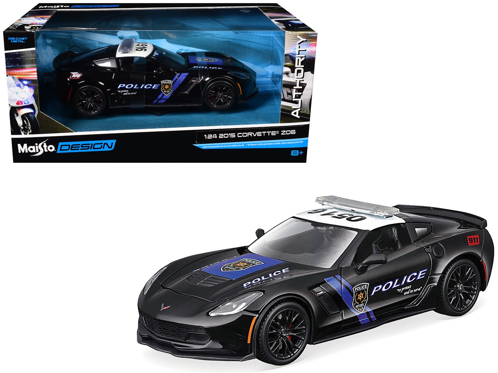2015 Chevrolet Corvette Z06 "Police" Black with Blue Stripes and White Top "Maisto Design Authority" Series 1/24 Diecast Model Car by Maisto free shipping USA - Rapid Vehicles