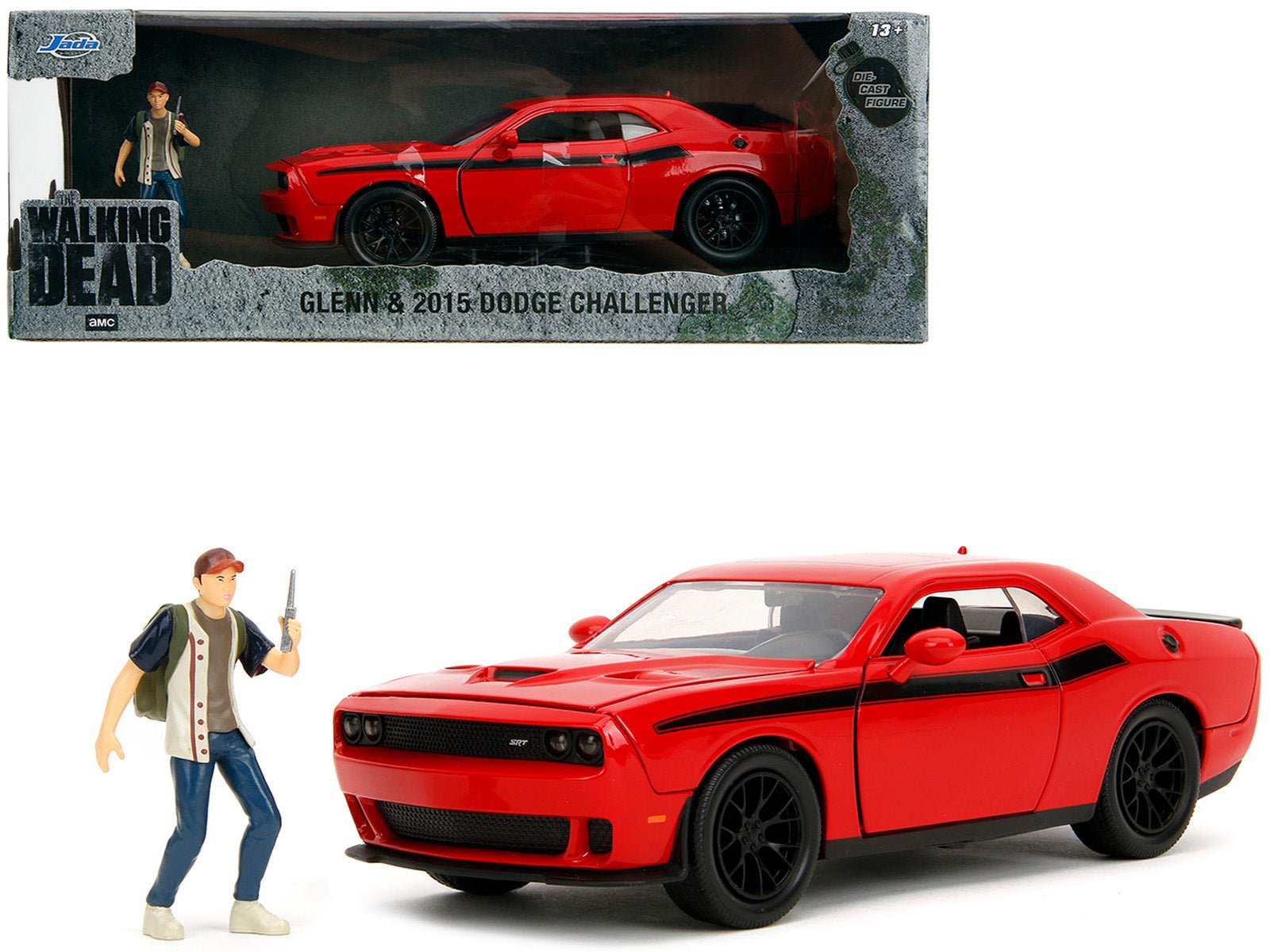 2015 Dodge Challenger Red with Black Stripes and Glenn Diecast Figure "The Walking Dead" (2010 - 2022) TV Series "Hollywood Rides" Series 1/24 Diecast Model Car by Jada free shipping USA - Rapid Vehicles