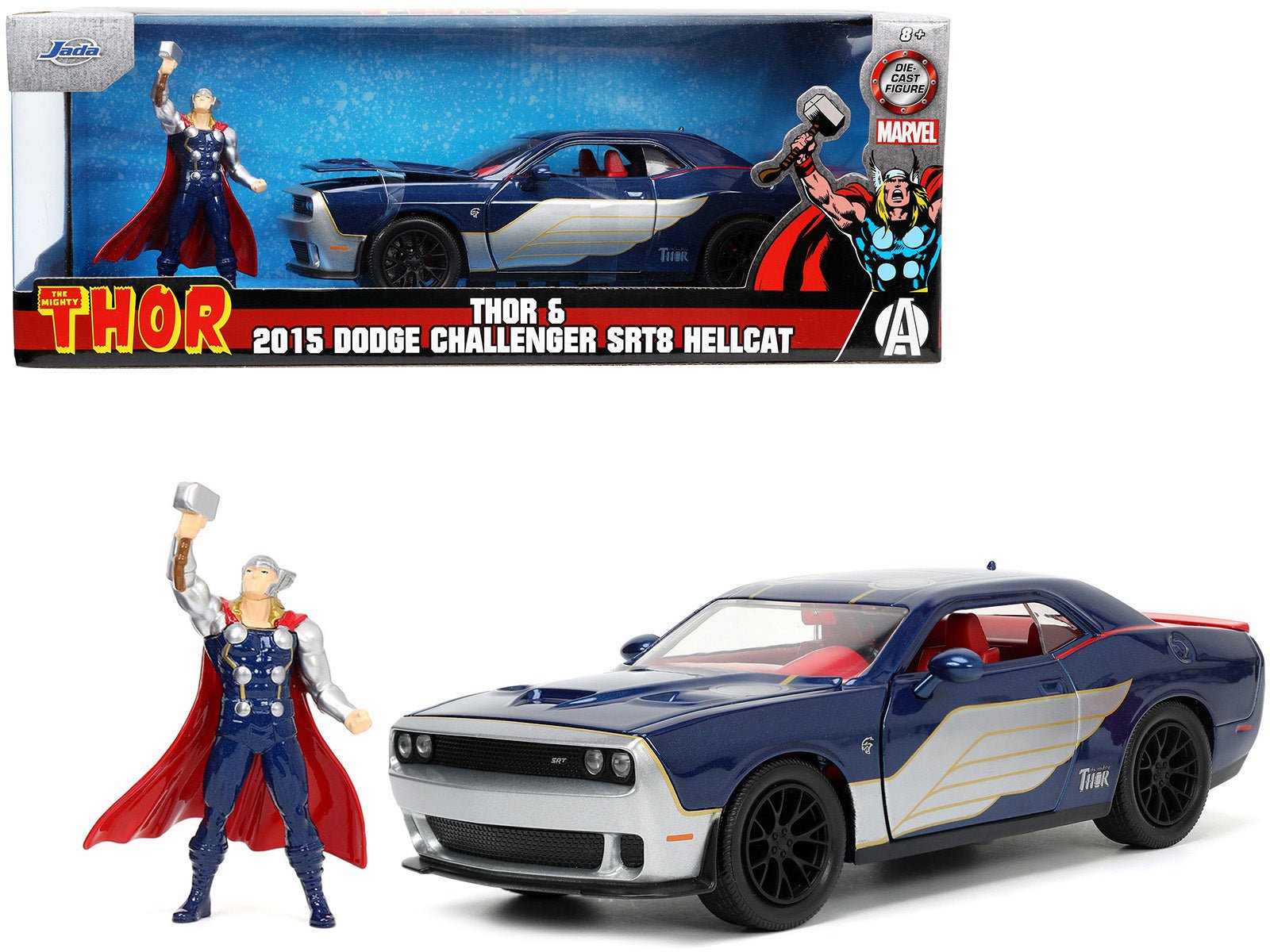 2015 Dodge Challenger SRT Hellcat Dark Blue with Graphics and Red Interior and Thor Diecast Figure "The Mighty Thor" "Marvel" Series 1/24 Diecast Model Car by Jada free shipping USA - Rapid Vehicles