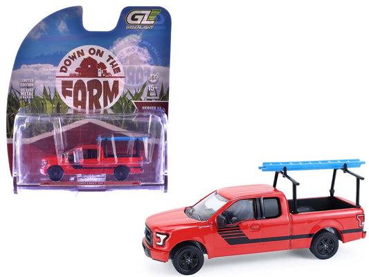 2015 Ford F - 150 Pickup Truck with Ladder Rack Red with Black Stripes "Down on the Farm" Series 11 1/64 Diecast Model by Greenlight free shipping USA - Rapid Vehicles