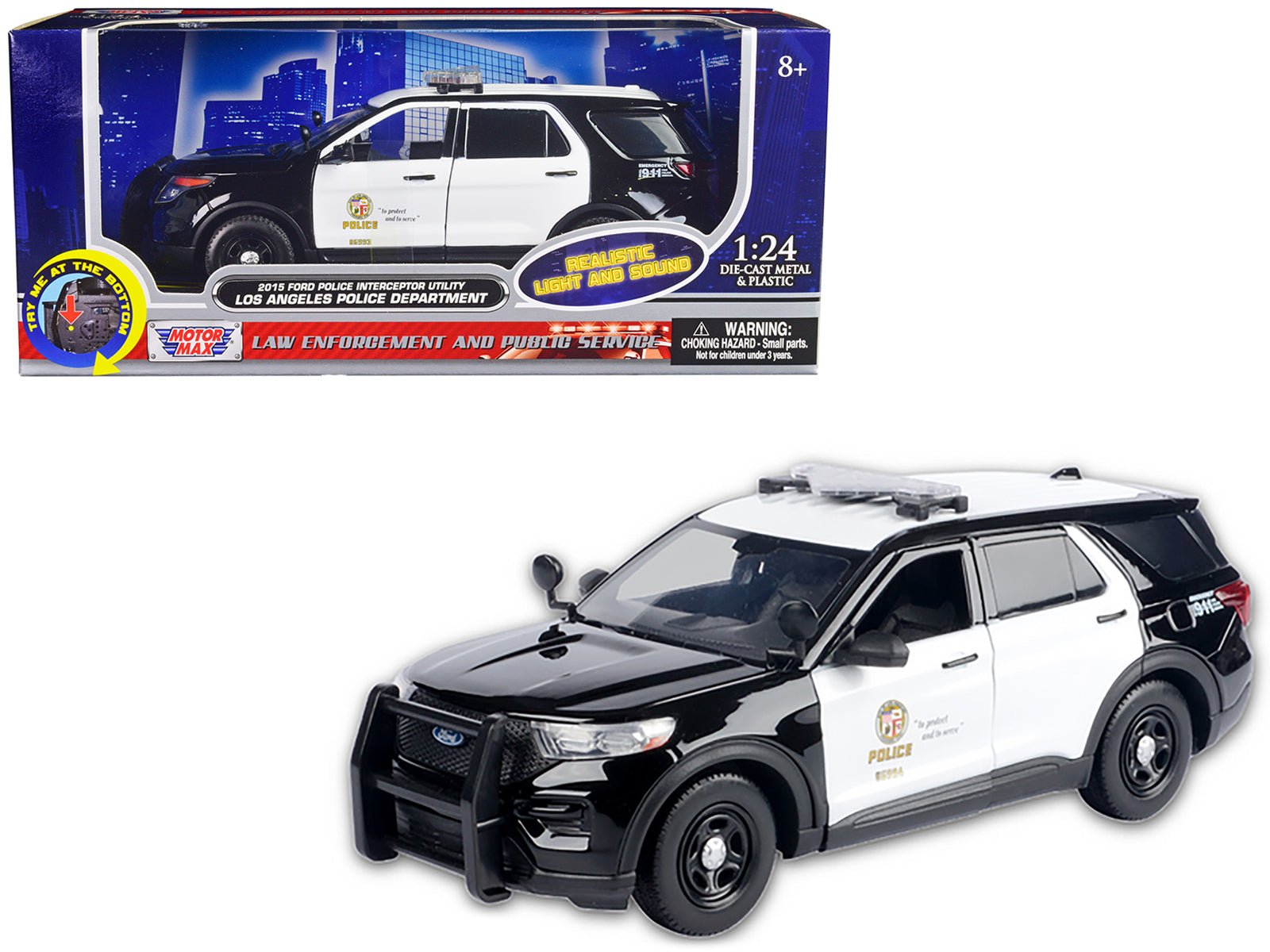 2015 Ford Police Interceptor Utility Black and White "Los Angeles Police Department (LAPD)" with Flashing Light Bar and Front and Rear Lights and Sounds 1/24 Diecast Model Car by Motormax free shipping USA - Rapid Vehicles