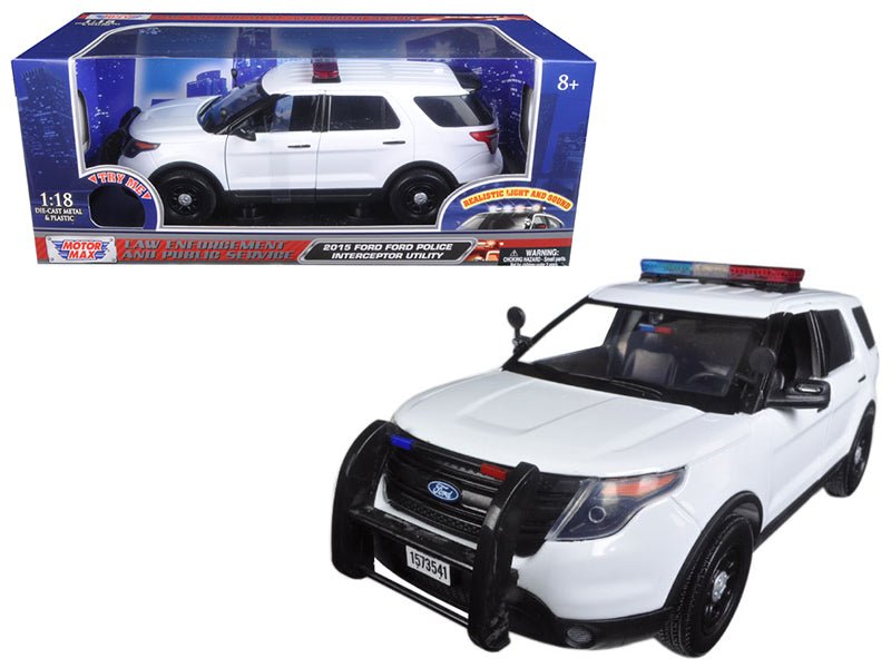 2015 Ford Police Interceptor Utility White with Flashing Light Bar and Front and Rear Lights and 2 Sounds 1/18 Diecast Model Car by Motormax free shipping USA - Rapid Vehicles