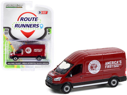 2015 Ford Transit LWB High Roof Van Burgundy "Indian Motorcycle Sales & Service" "Route Runners" Series 3 1/64 Diecast Model by Greenlight free shipping USA - Rapid Vehicles