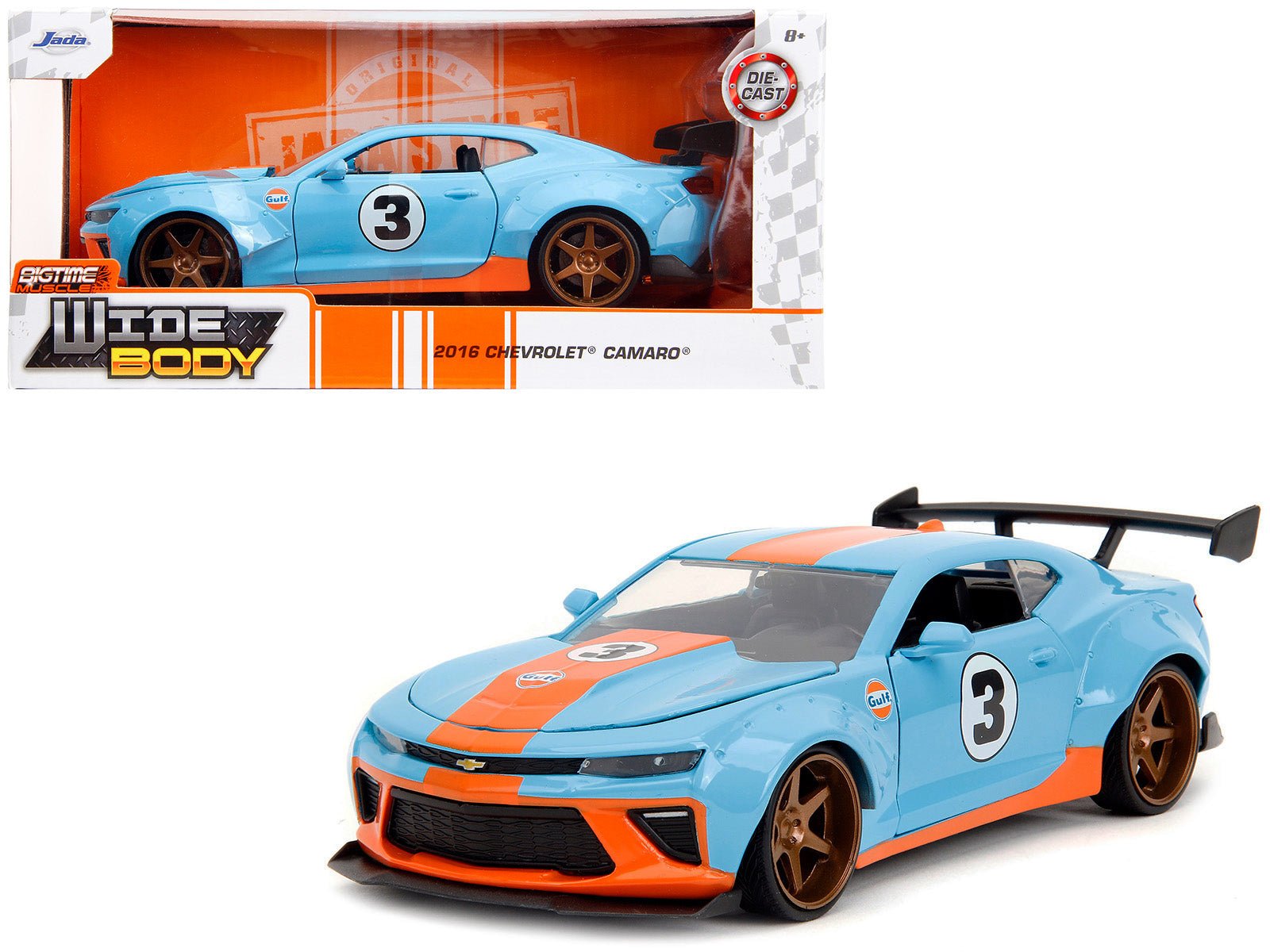 2016 Chevrolet Camaro Widebody 3 Light Blue with Orange Stripes "Gulf Oil" "Wide Body" Series 1/24 Diecast Model Car by Jada free shipping USA - Rapid Vehicles