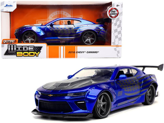 2016 Chevrolet Camaro Widebody Candy Blue with Gray Metallic Hood and American Flag Graphics "Bigtime Muscle" Series 1/24 Diecast Model Car by Jada free shipping USA - Rapid Vehicles
