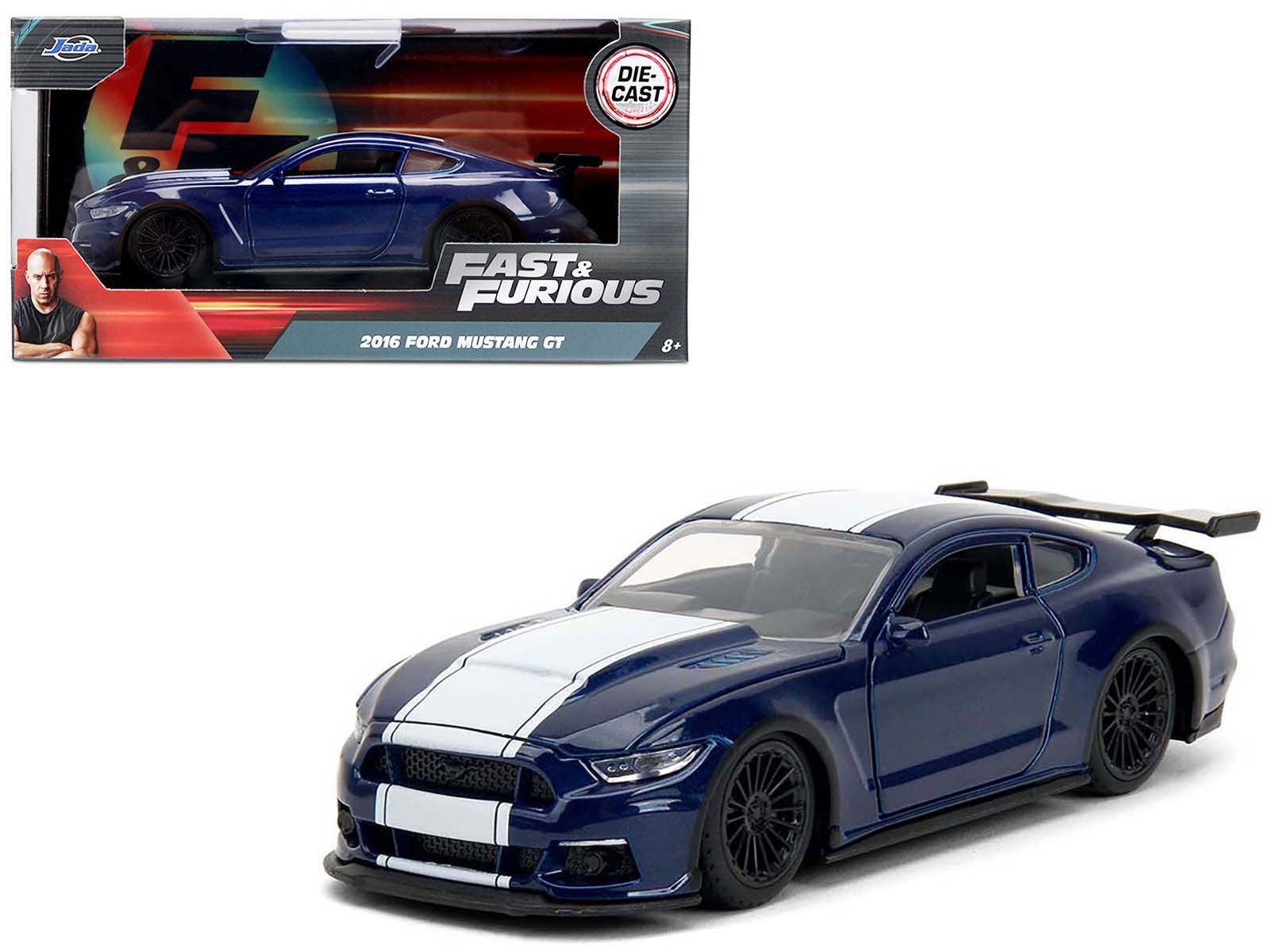 2016 Ford Mustang GT Dark Blue Metallic with White Stripe "F9" (2021) Movie "Fast & Furious" Series 1/32 Diecast Model Car by Jada free shipping USA - Rapid Vehicles